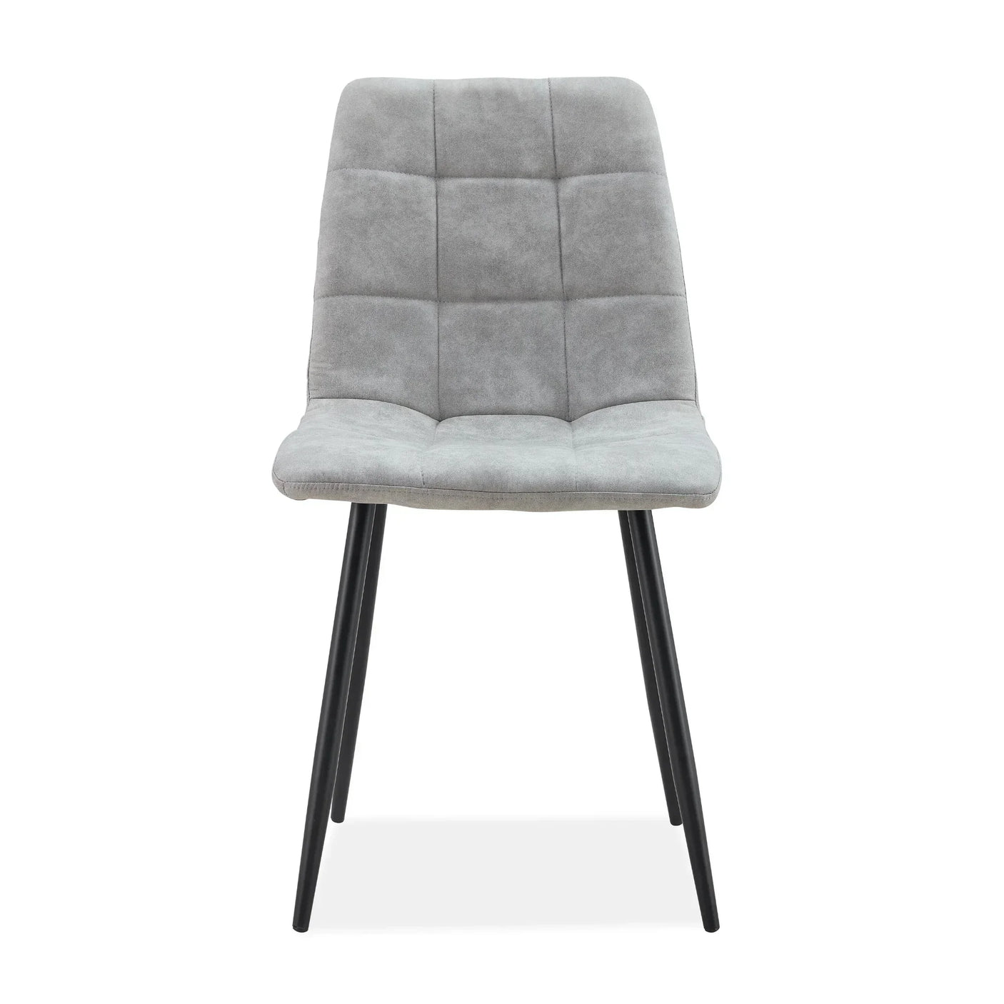 Grey upholstered dining chair with quilted seat and black metal legs, front view