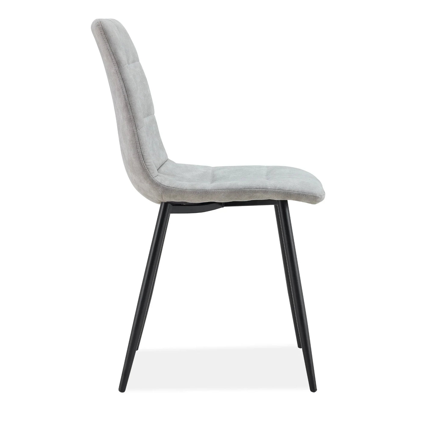 Grey upholstered dining chair with black metal legs, side view