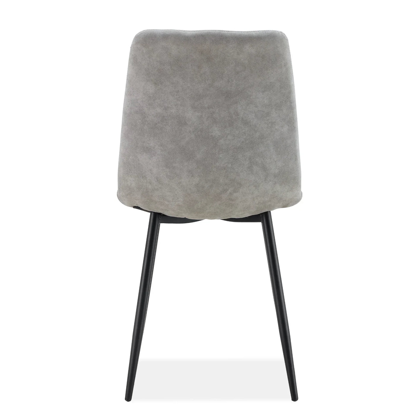 Grey fabric dining chair with black metal legs, rear view