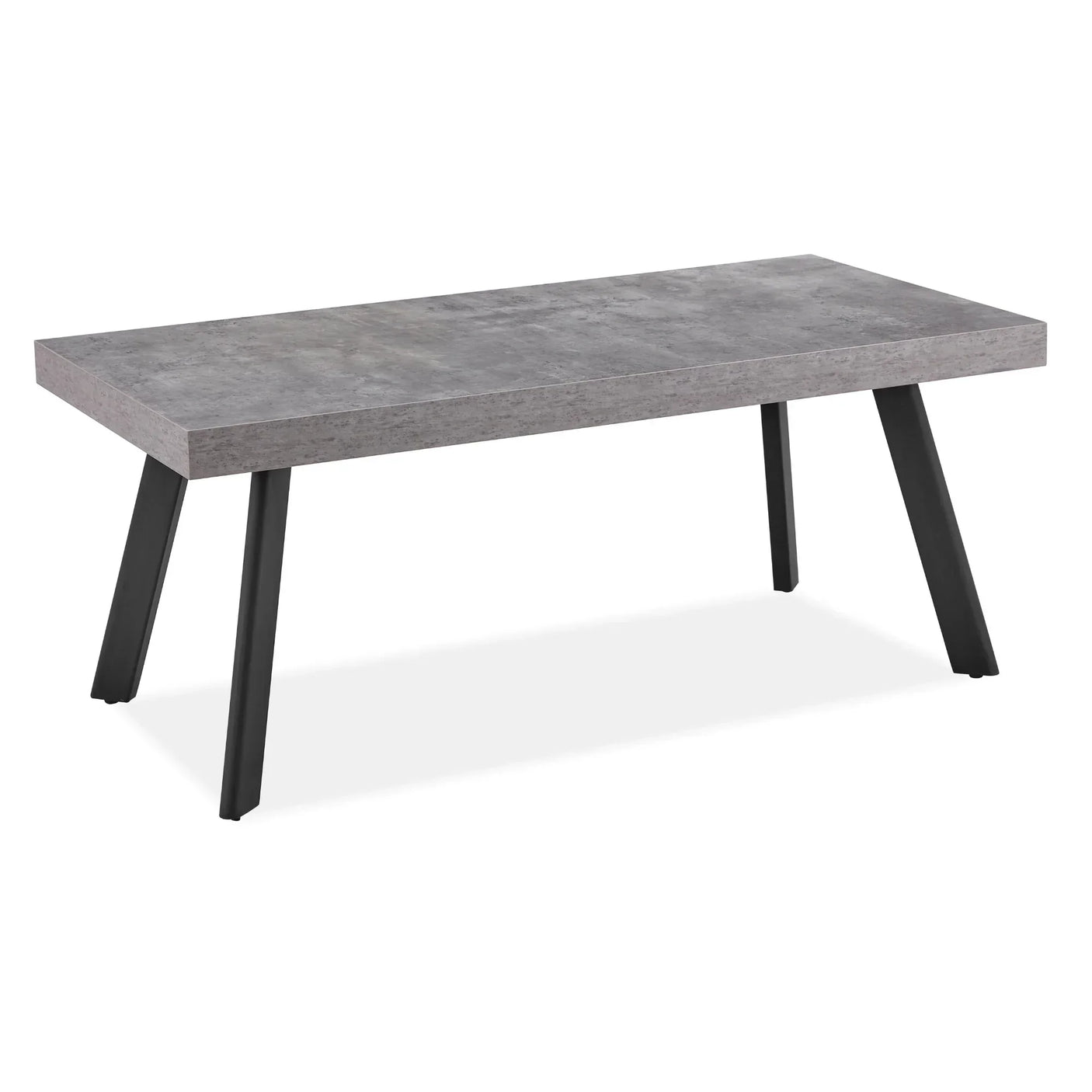 Rectangular grey dining table with concrete-effect top and angled black metal legs