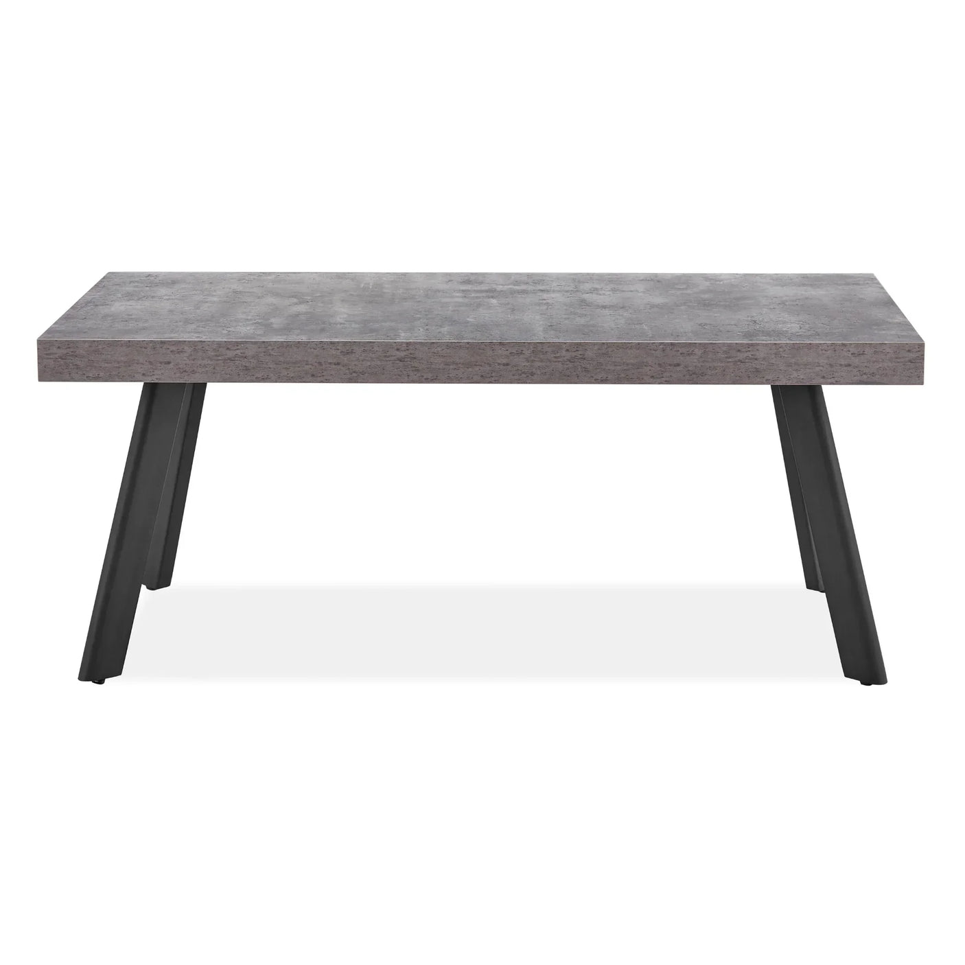 Rectangular grey dining table with black angled metal legs on white background