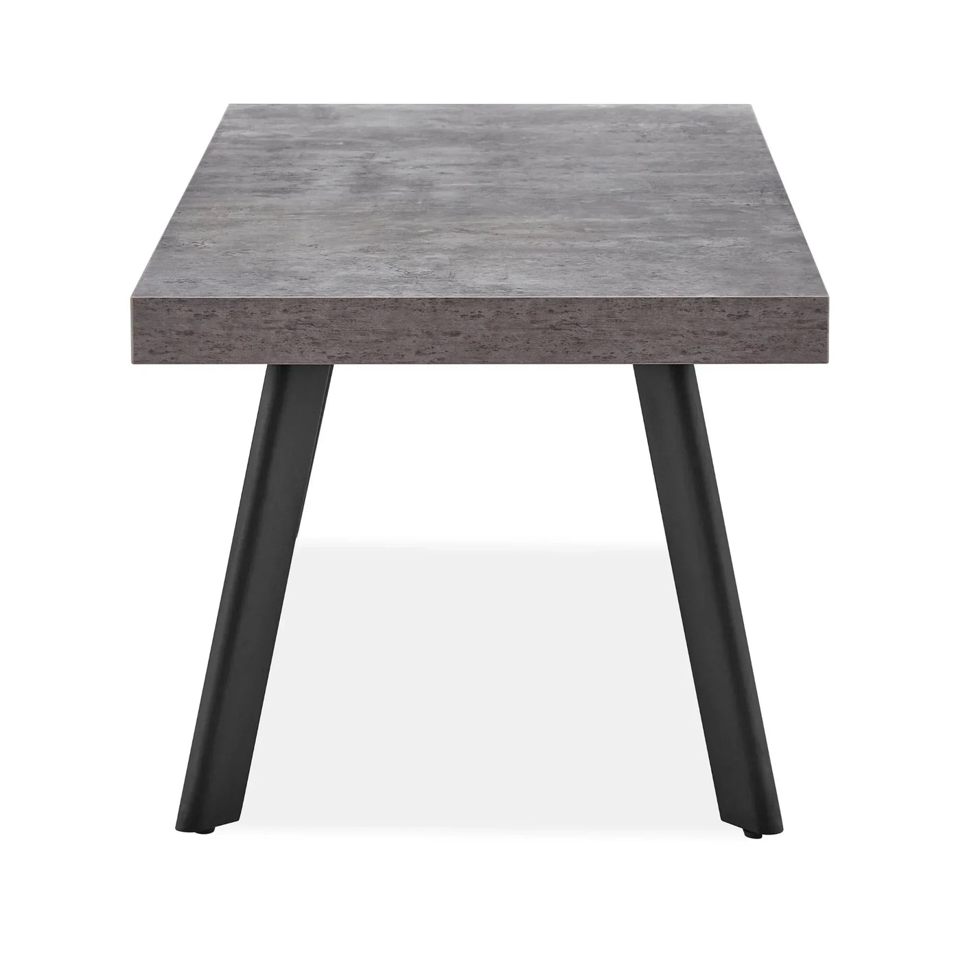 Rectangular coffee table with grey wood effect top and black angled metal legs, front view