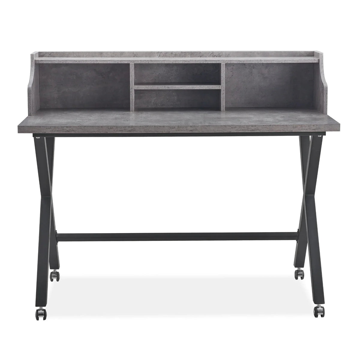 Grey office desk with storage shelves and metal legs on wheels, front view