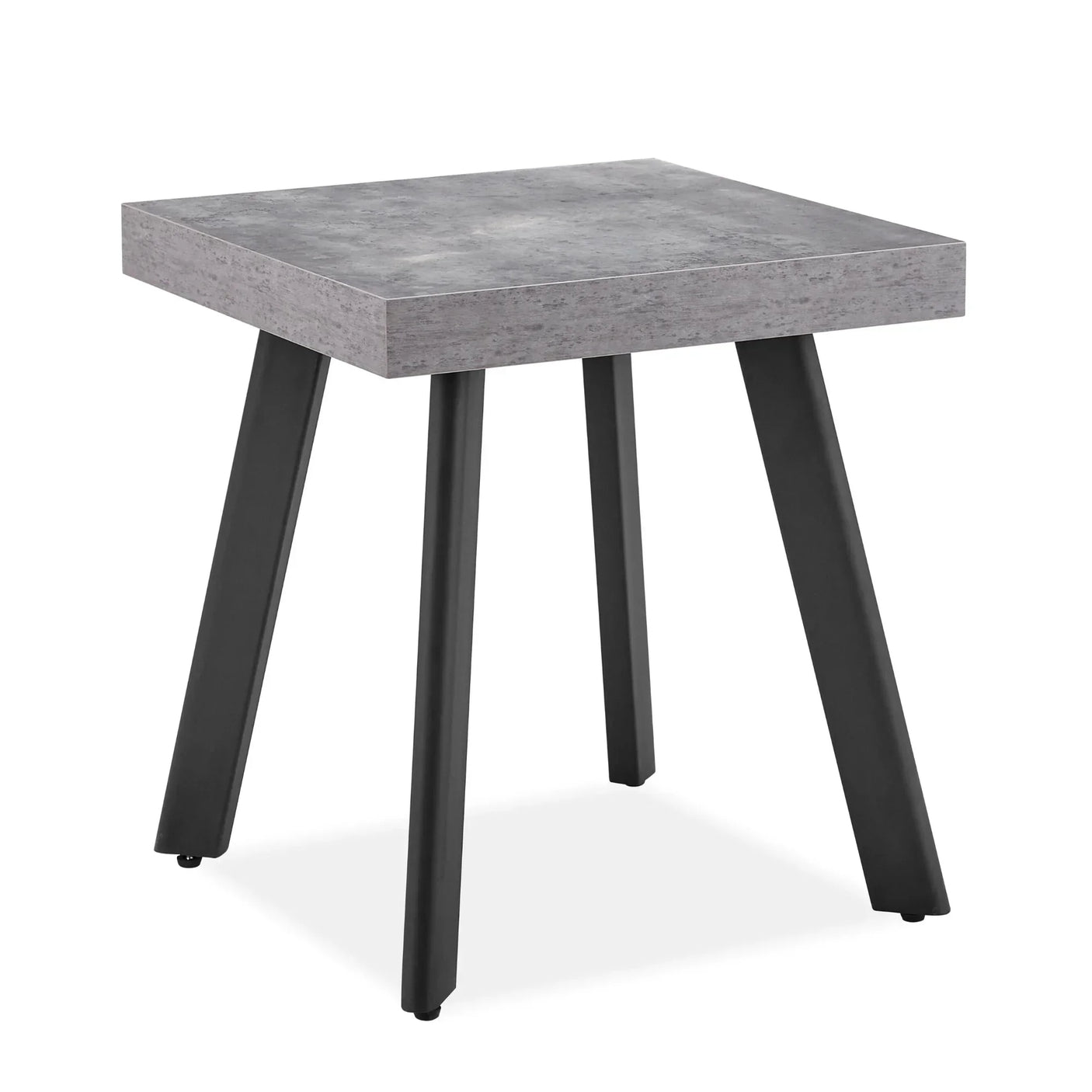 Square concrete effect side table with black metal legs on white background