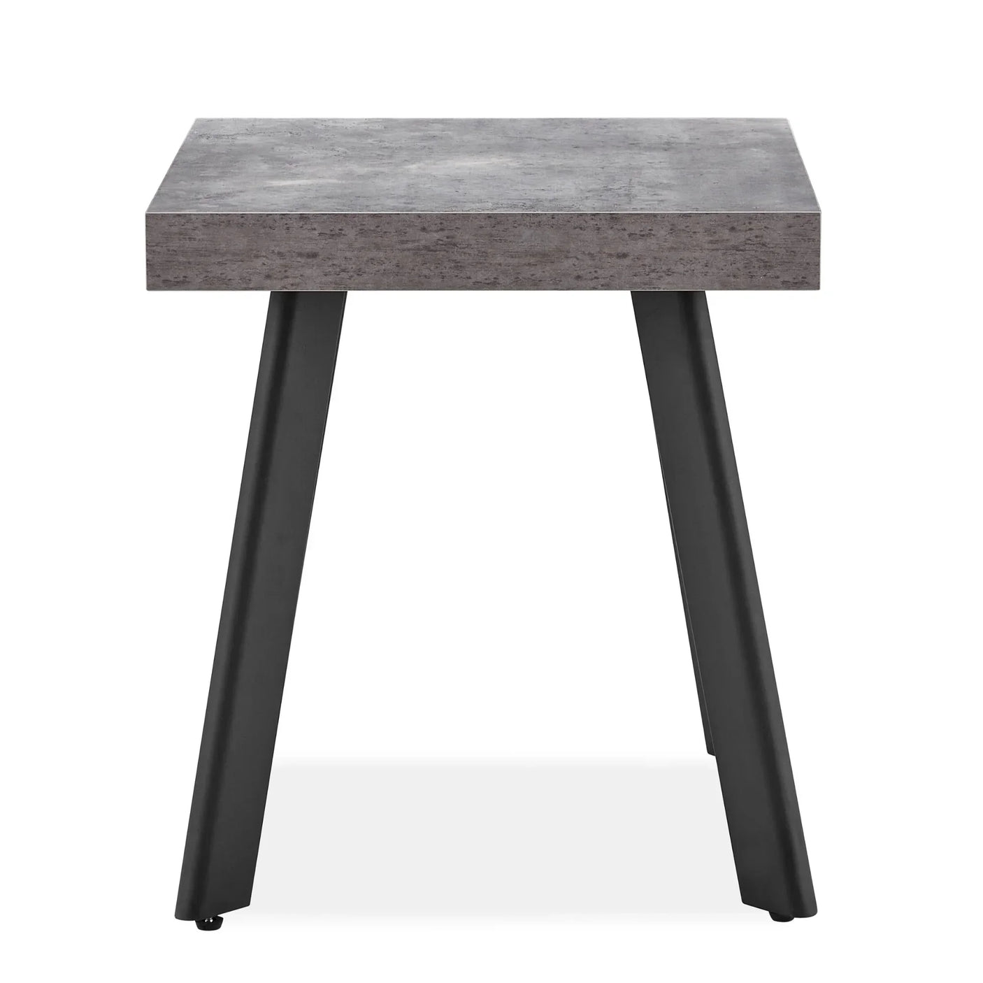 Grey concrete effect side table with black metal angled legs, front view
