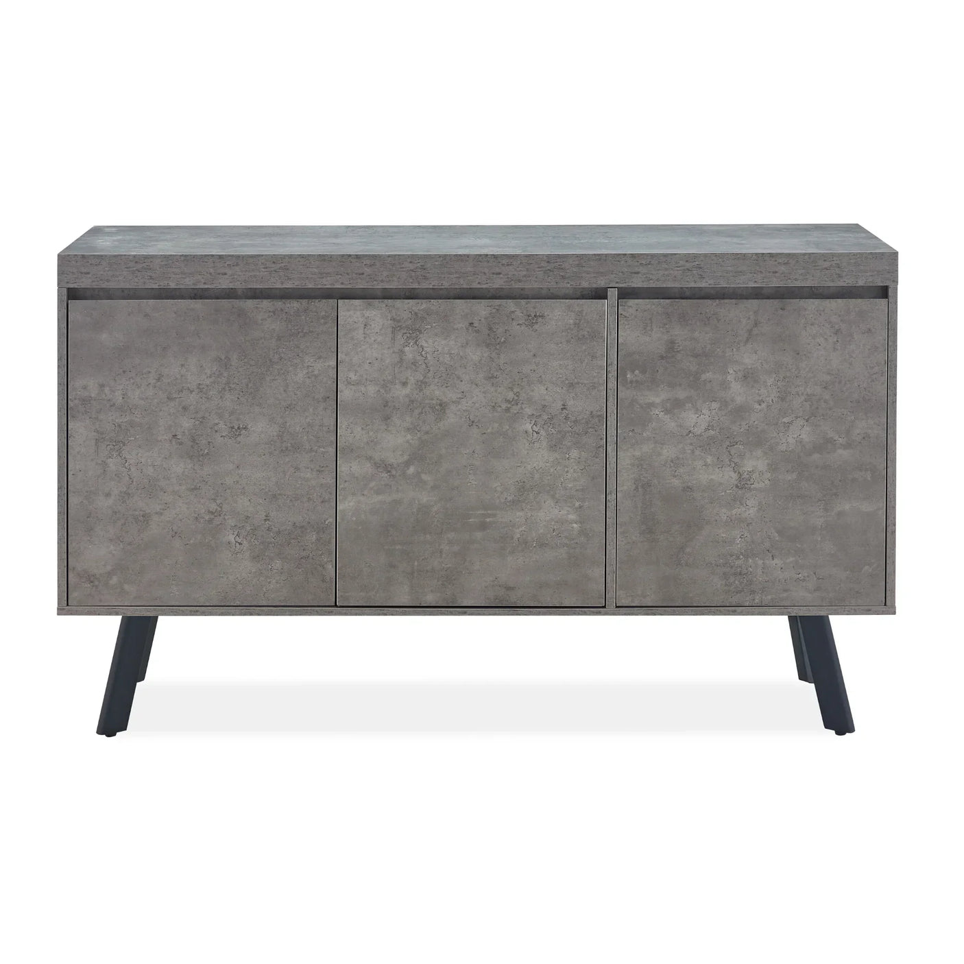 Concrete effect sideboard with three doors and black angled legs, modern storage cabinet
