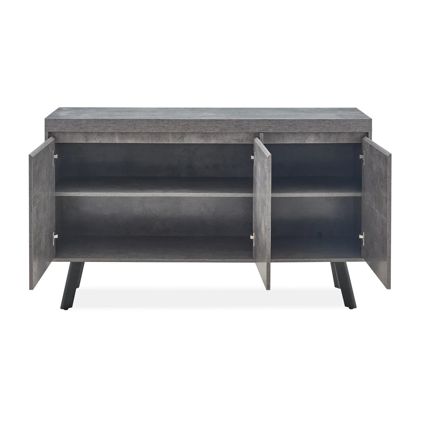 Grey sideboard with open doors, two shelves, modern legs, concrete finish