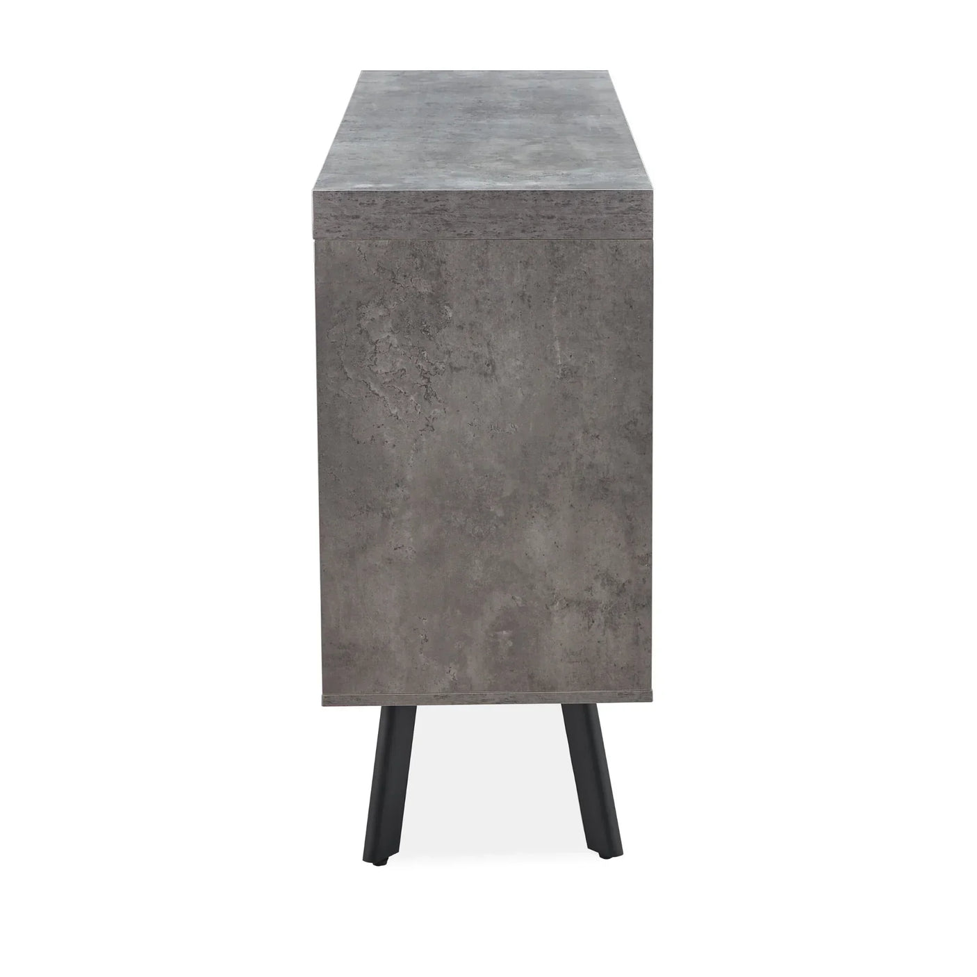 Side view of concrete effect sideboard with black angled legs
