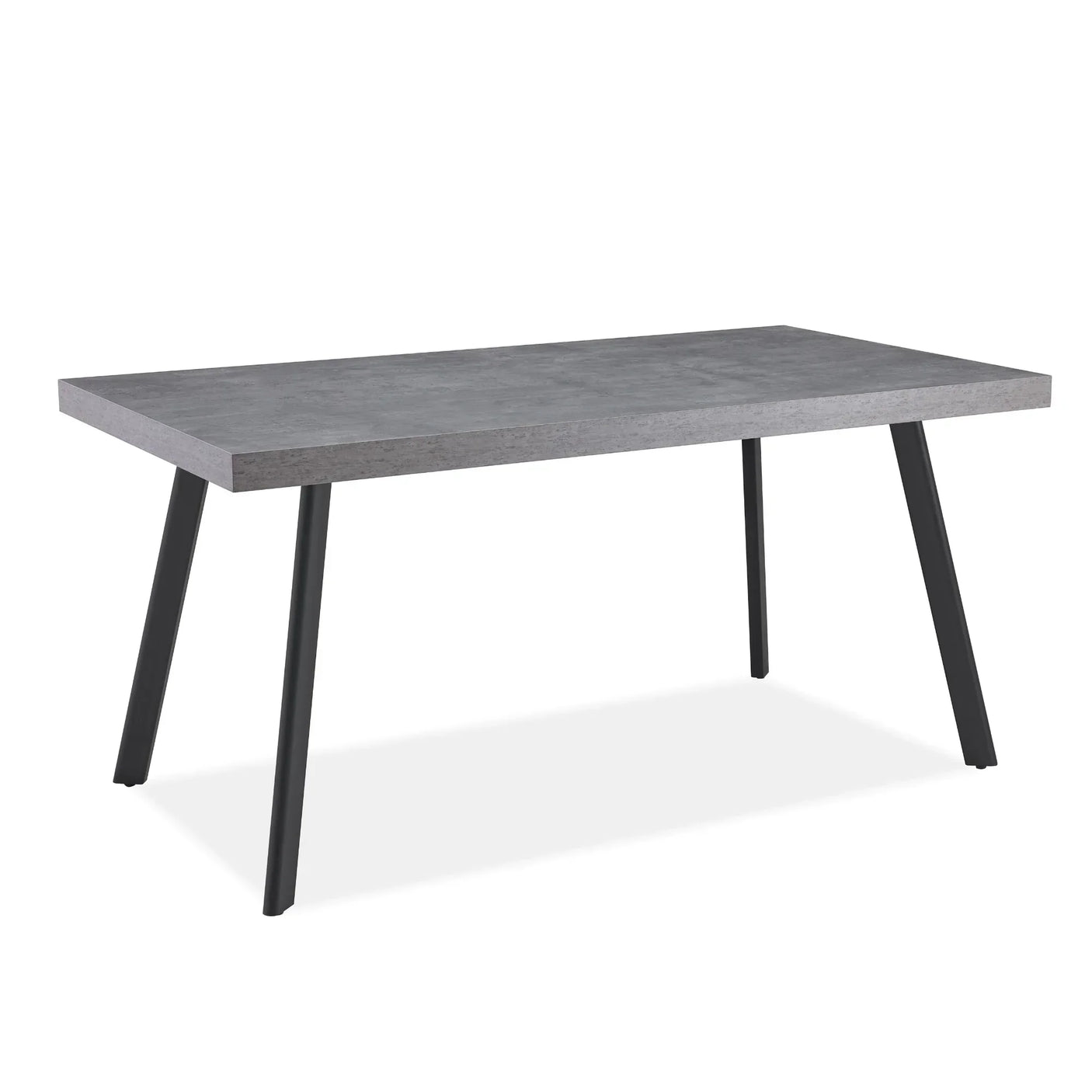 Rectangular grey dining table with black angled legs and modern concrete look finish