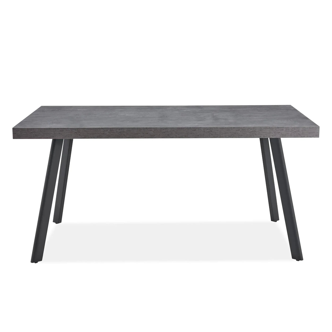 Rectangular grey dining table with angled black metal legs, front view