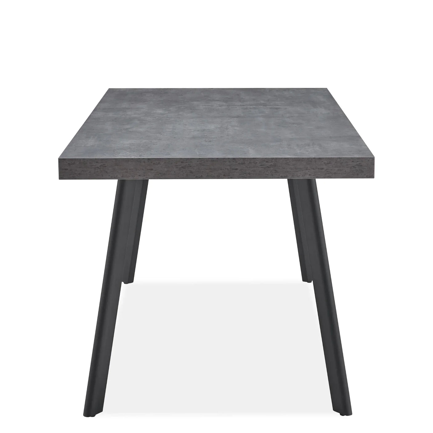Grey dining table with rectangular top and angled black metal legs, front view