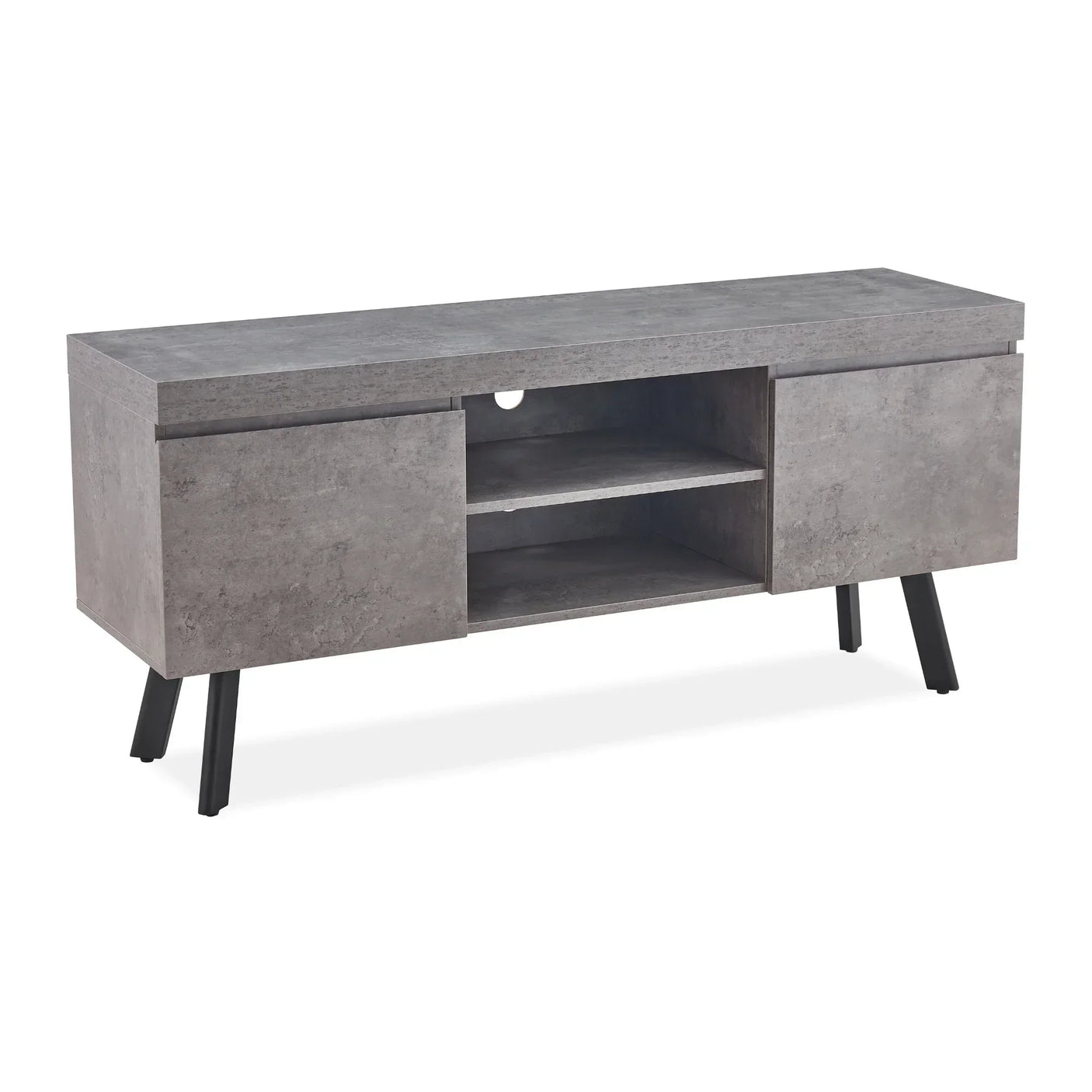 Grey wood TV unit with two doors, open shelves, and black angled legs, front angle view