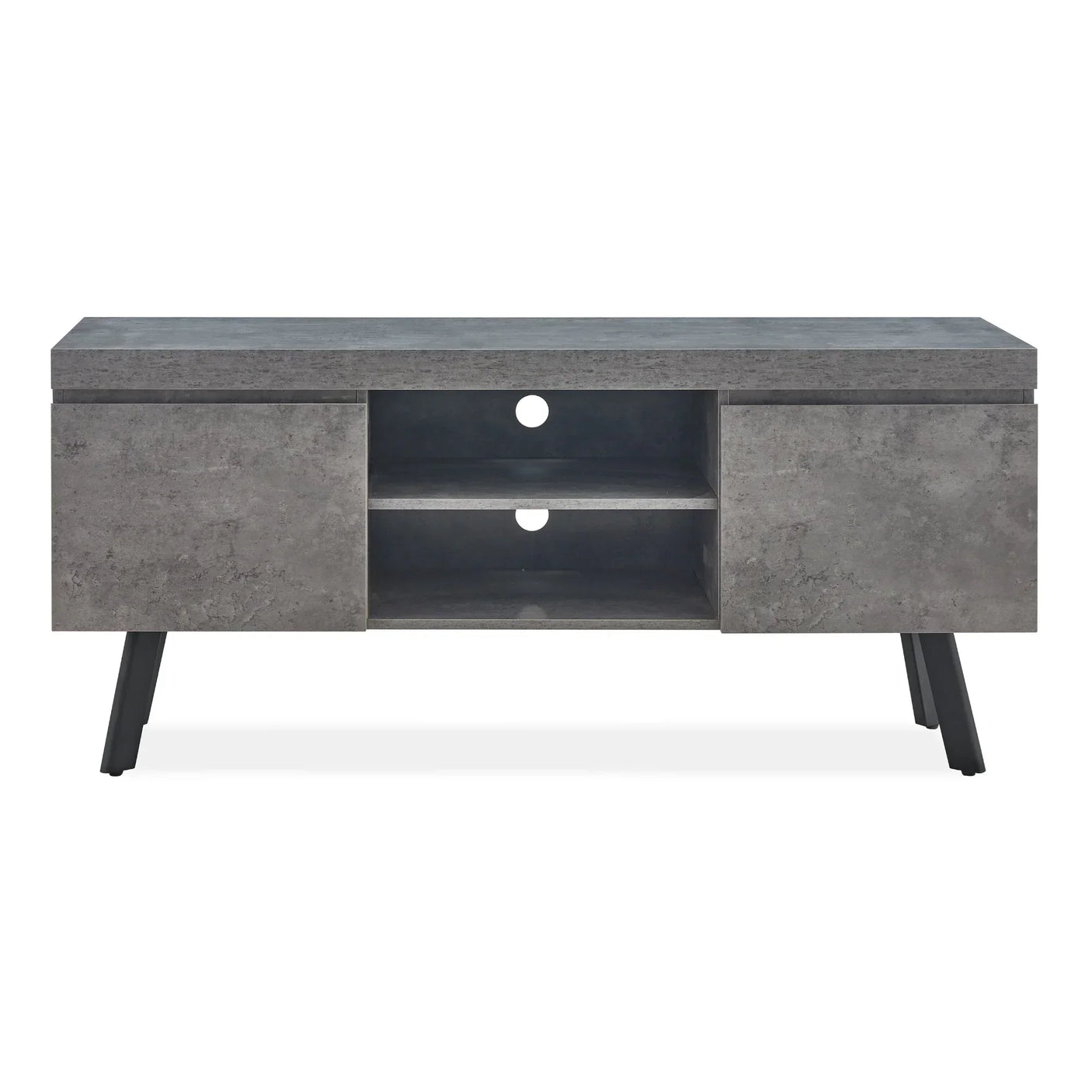 Grey concrete effect TV unit with angled black legs, shelving and two side cupboards