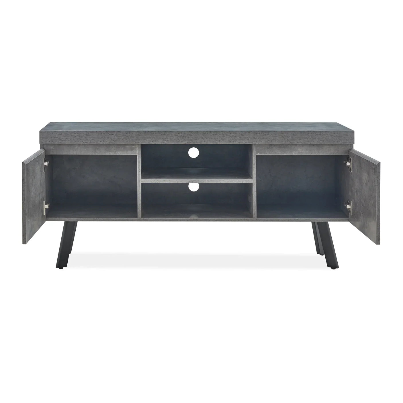 Grey wooden TV unit with open shelves and side cabinets, modern design, cable holes visible
