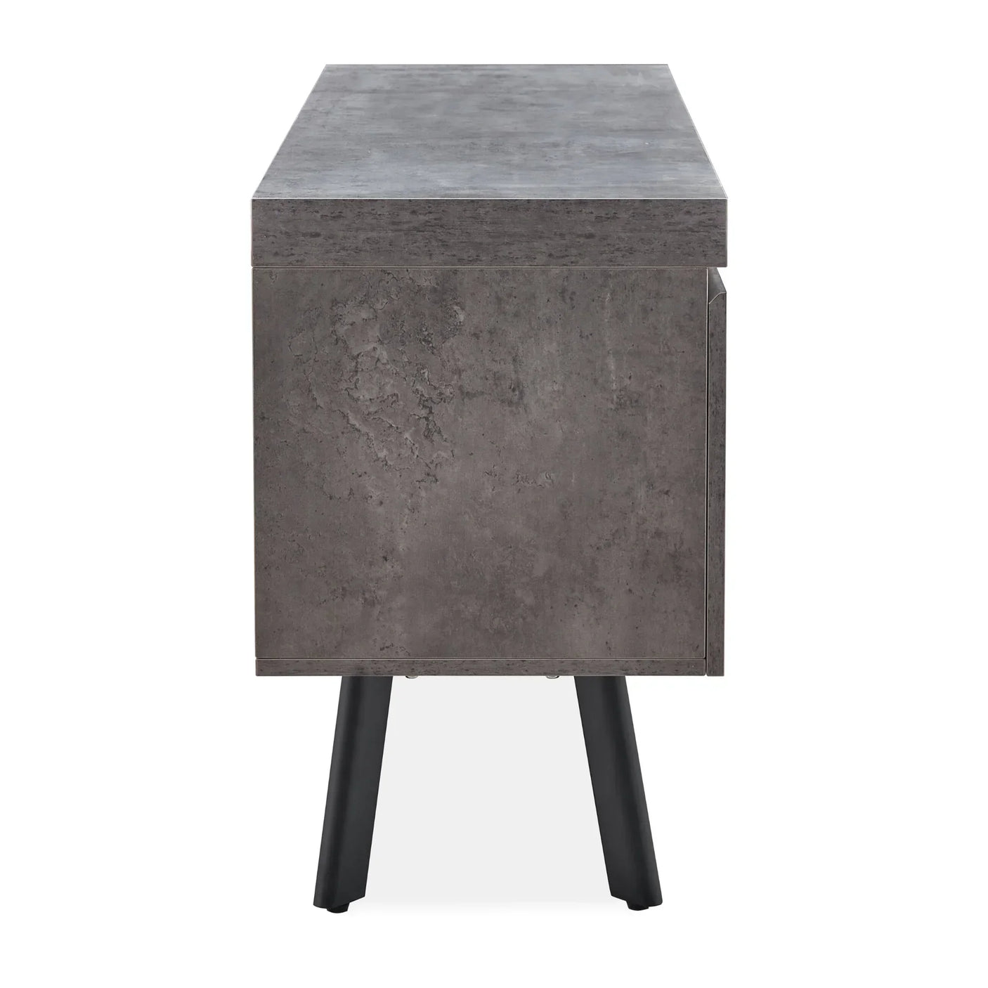 Side view of grey concrete effect sideboard with black angled legs