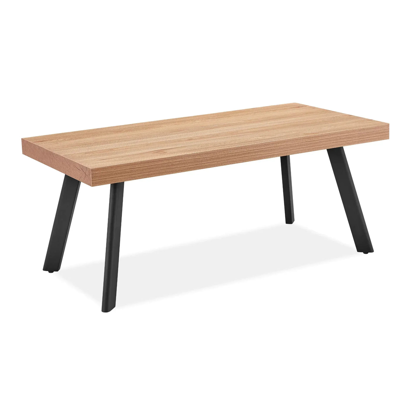 Oak coffee table with black angled metal legs on white background
