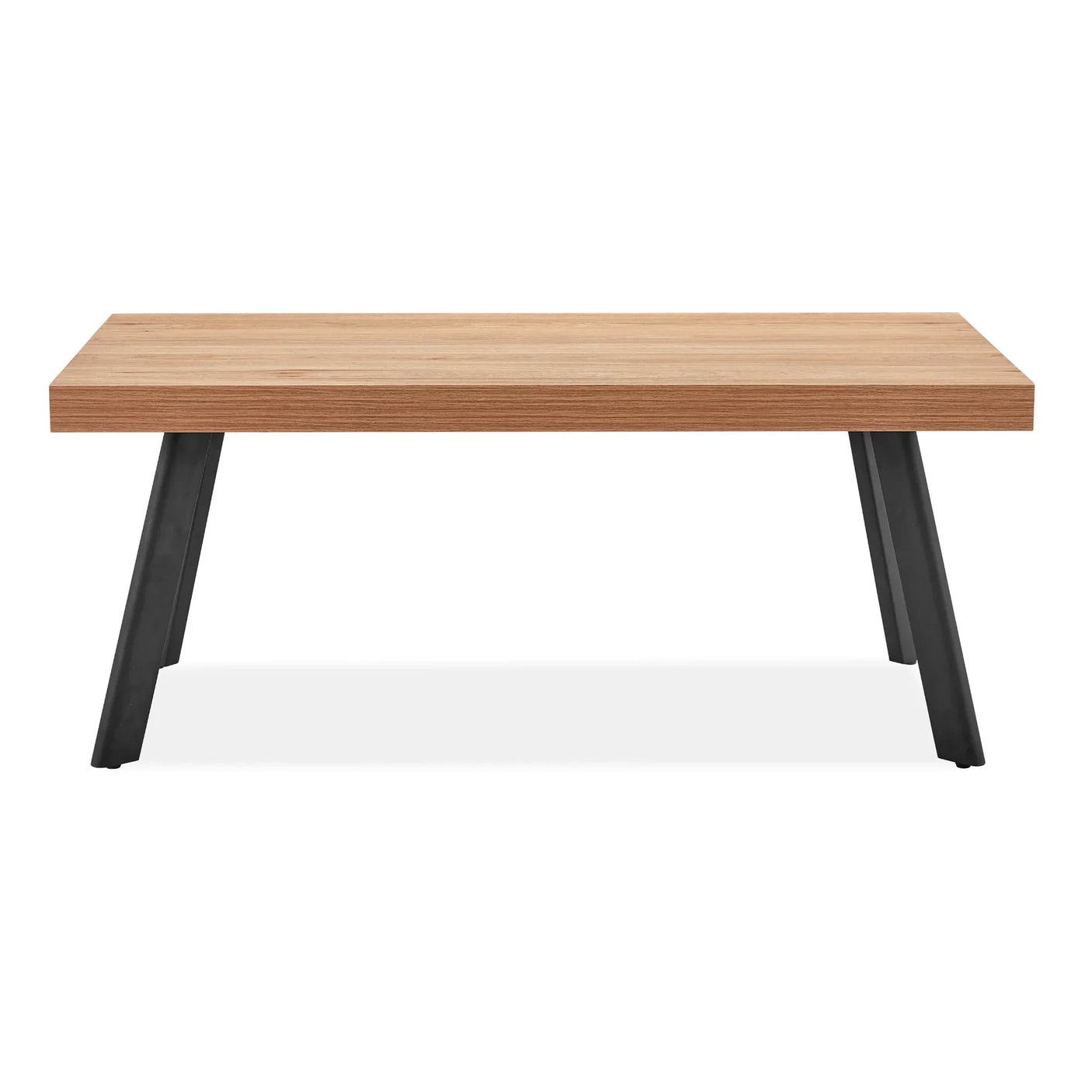 Oak coffee table with black angled metal legs, rectangular top, front view