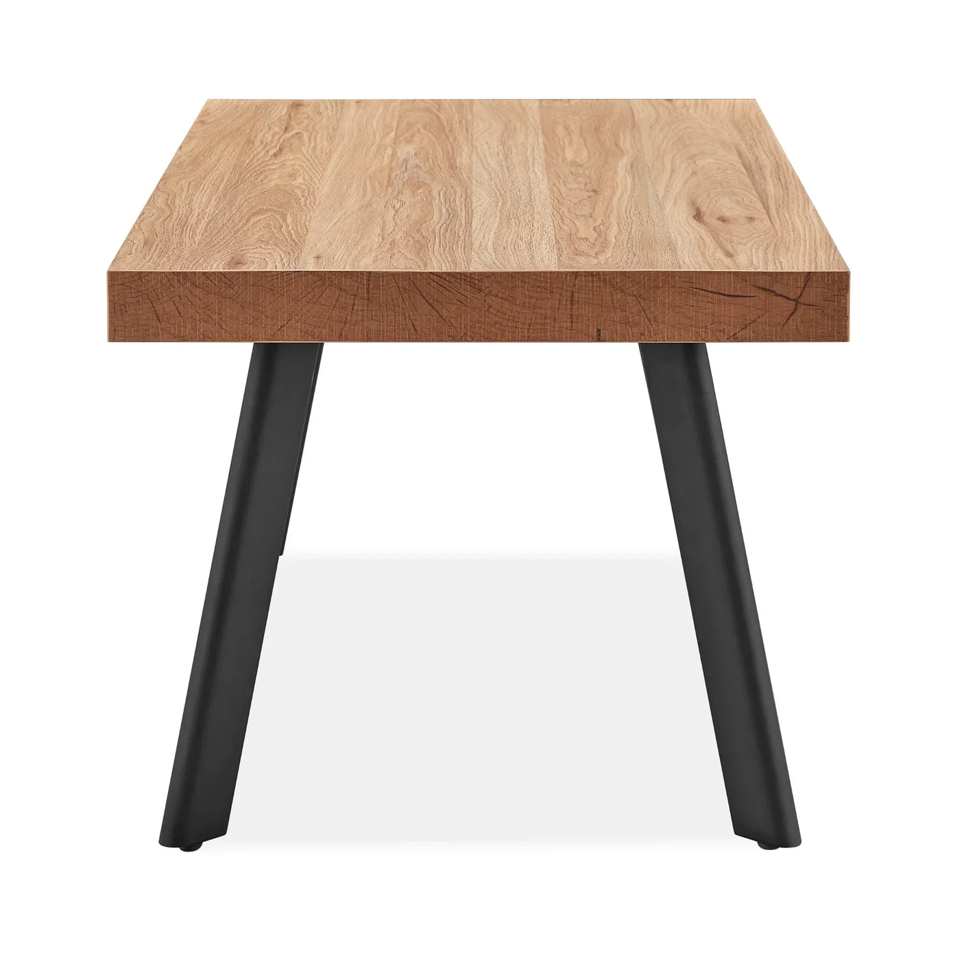 Oak coffee table with black metal legs, close-up front view