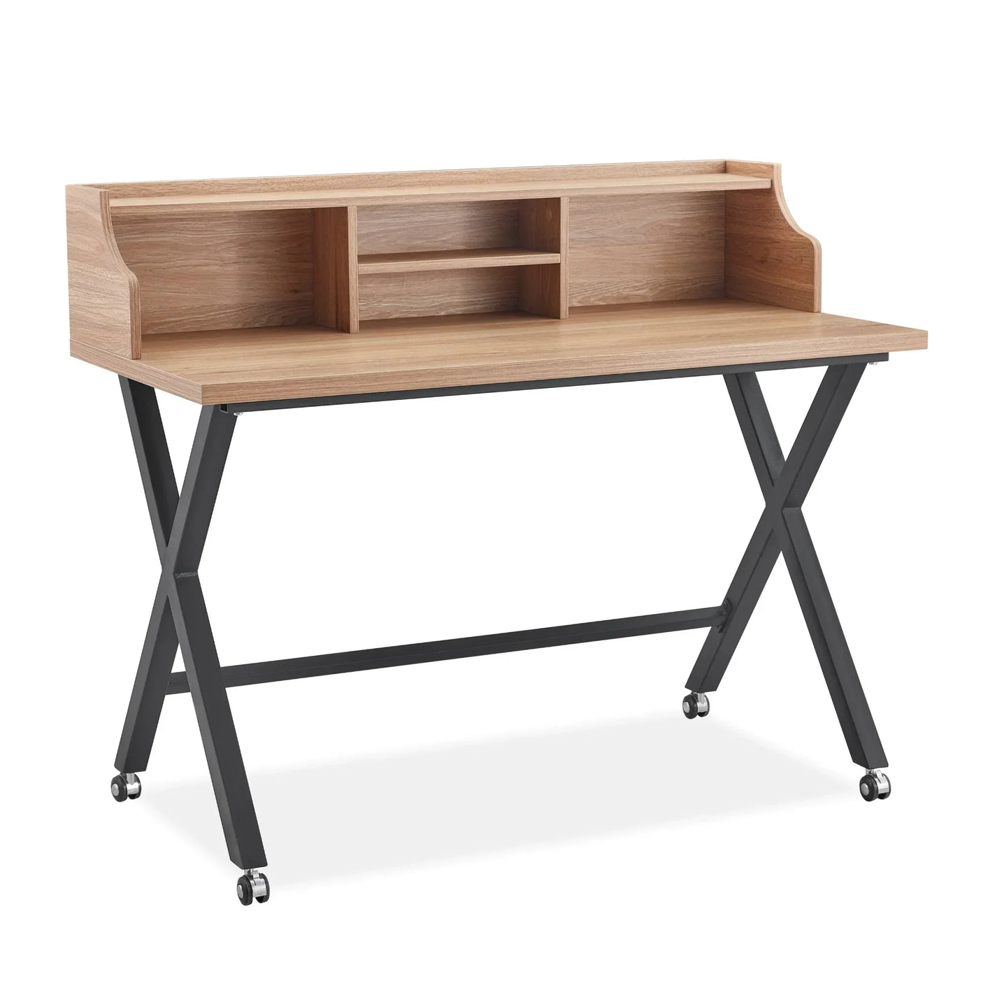 Oak desk with black metal legs, upper storage shelves and wheels, front angle view