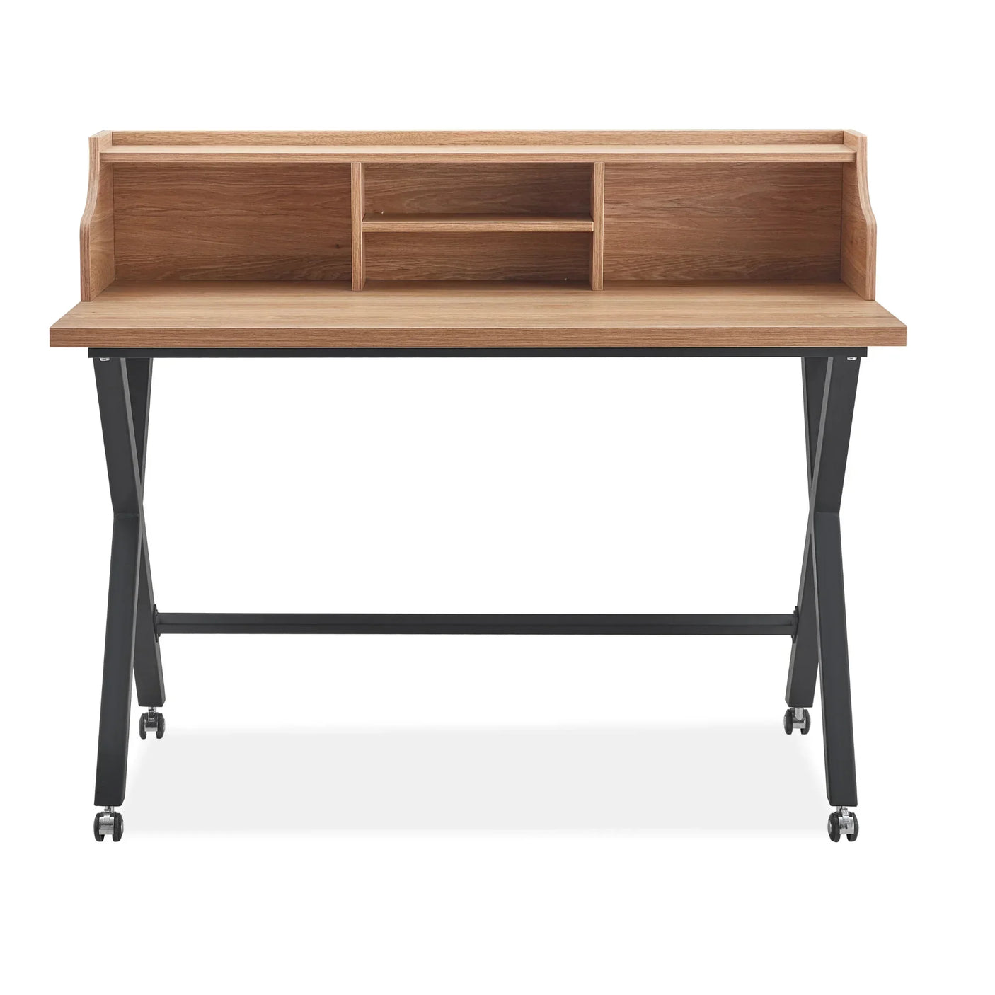 Oak writing desk with open storage shelves, black metal legs and caster wheels