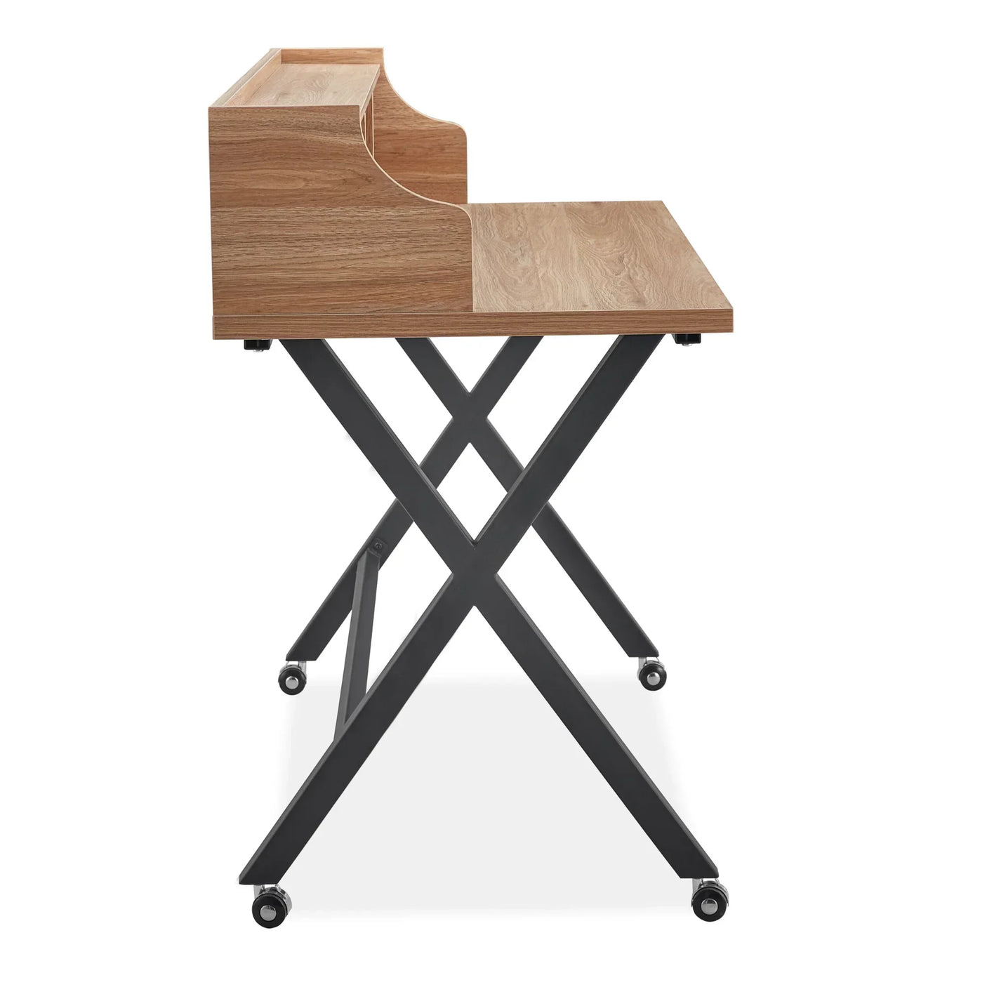 Oak finish desk with raised back, black metal X frame and caster wheels side view