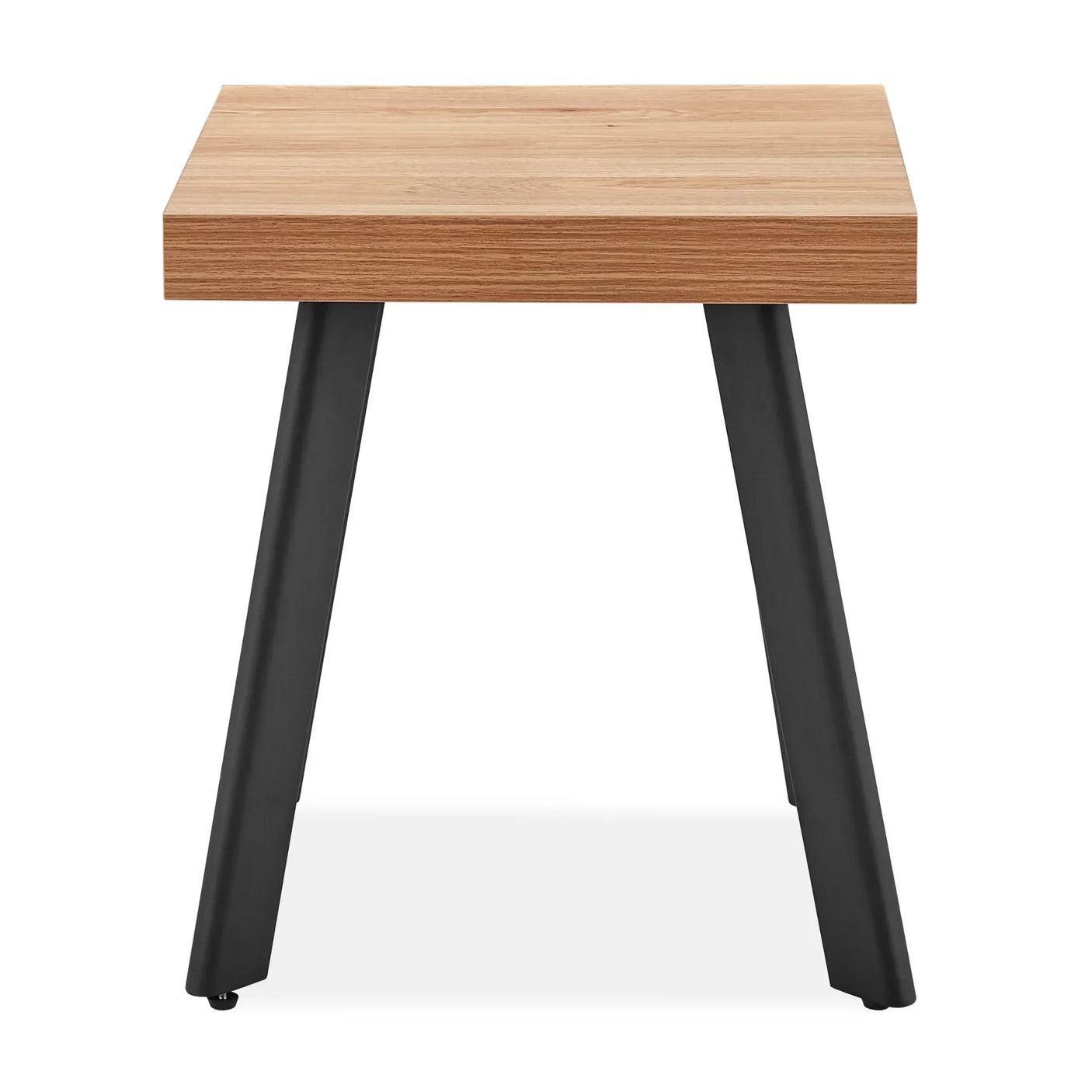 Oak finish side table with black angled metal legs, front view