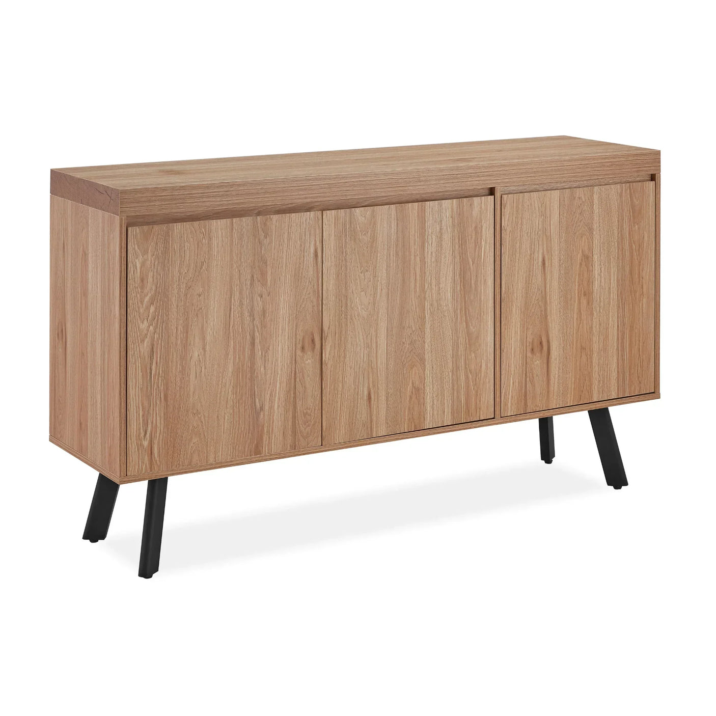 Modern oak sideboard with black angled legs and three cabinet doors