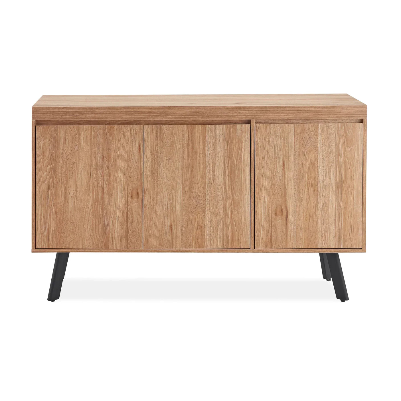 Oak sideboard cabinet with three doors and black angled legs, modern wood storage unit