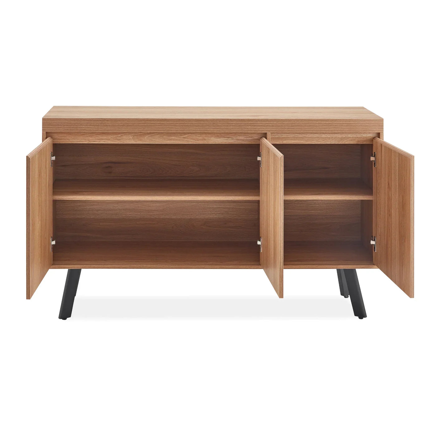 Oak sideboard cabinet with three open doors, black legs, and interior shelving