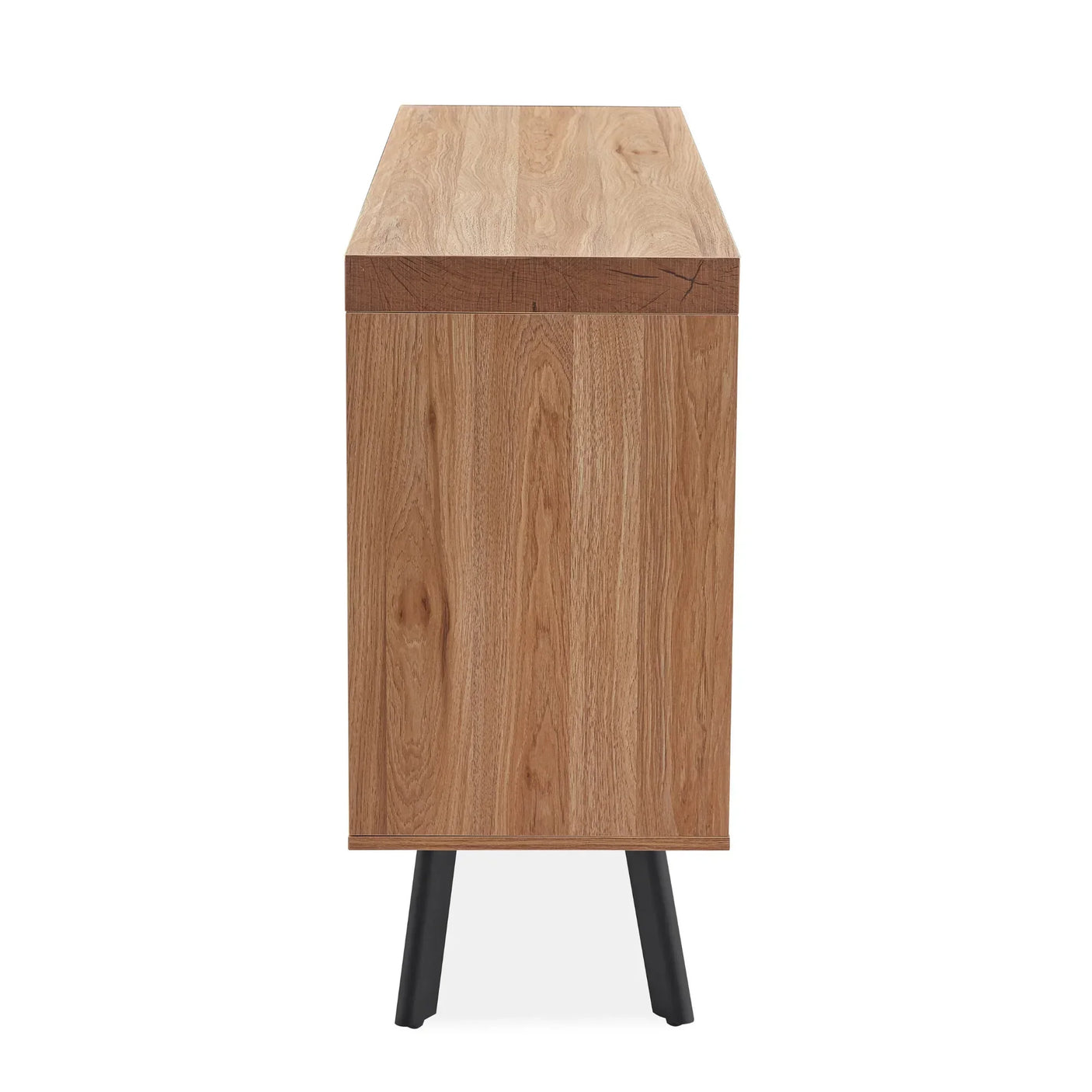 Side view of oak sideboard with wood grain finish and black angled legs