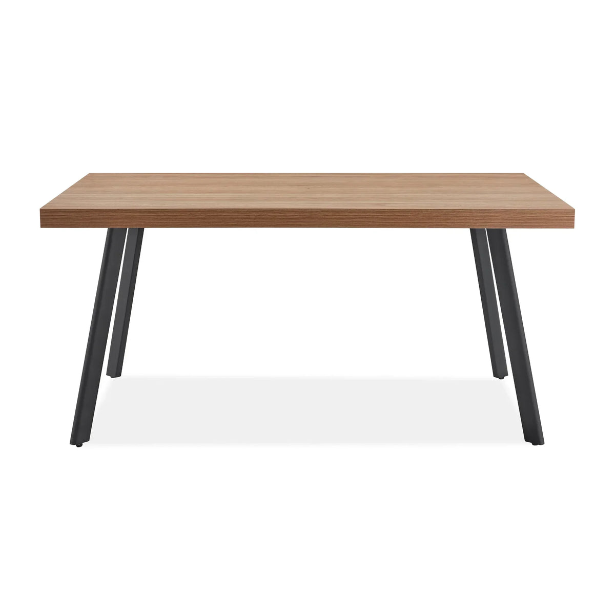 Rectangular oak dining table with black angled metal legs, front view on white background