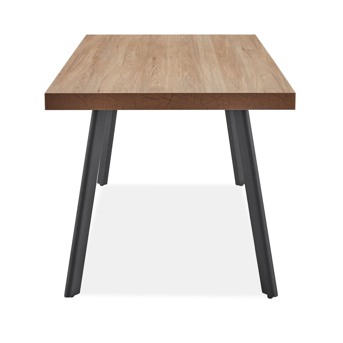 Oak dining table with black angled metal legs, rectangular wood grain top, front view