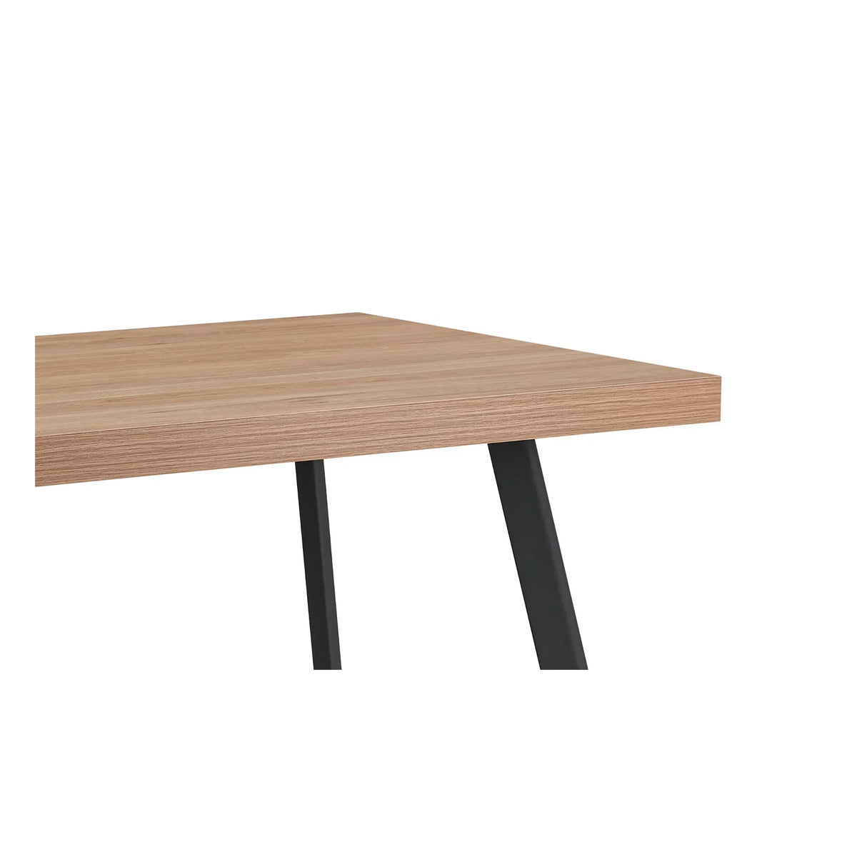 Oak dining table corner with wood grain top and angled black metal legs