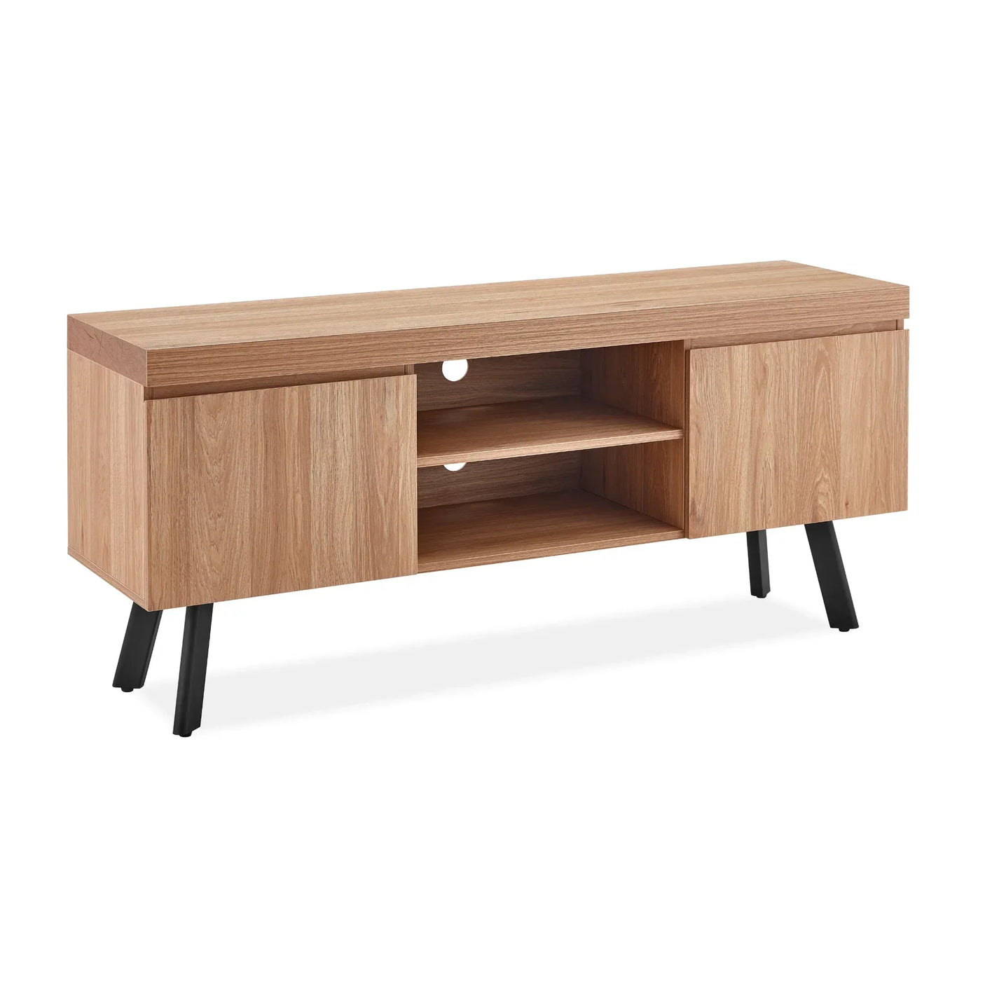 Oak TV unit with two doors, open shelves, and angled black metal legs
