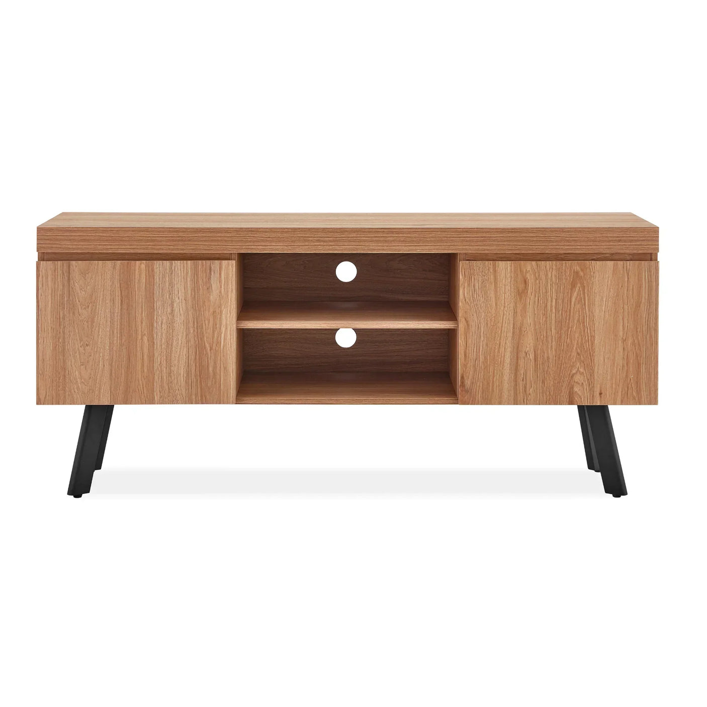 Oak TV unit with black legs, two shelves, and side cabinets, front view