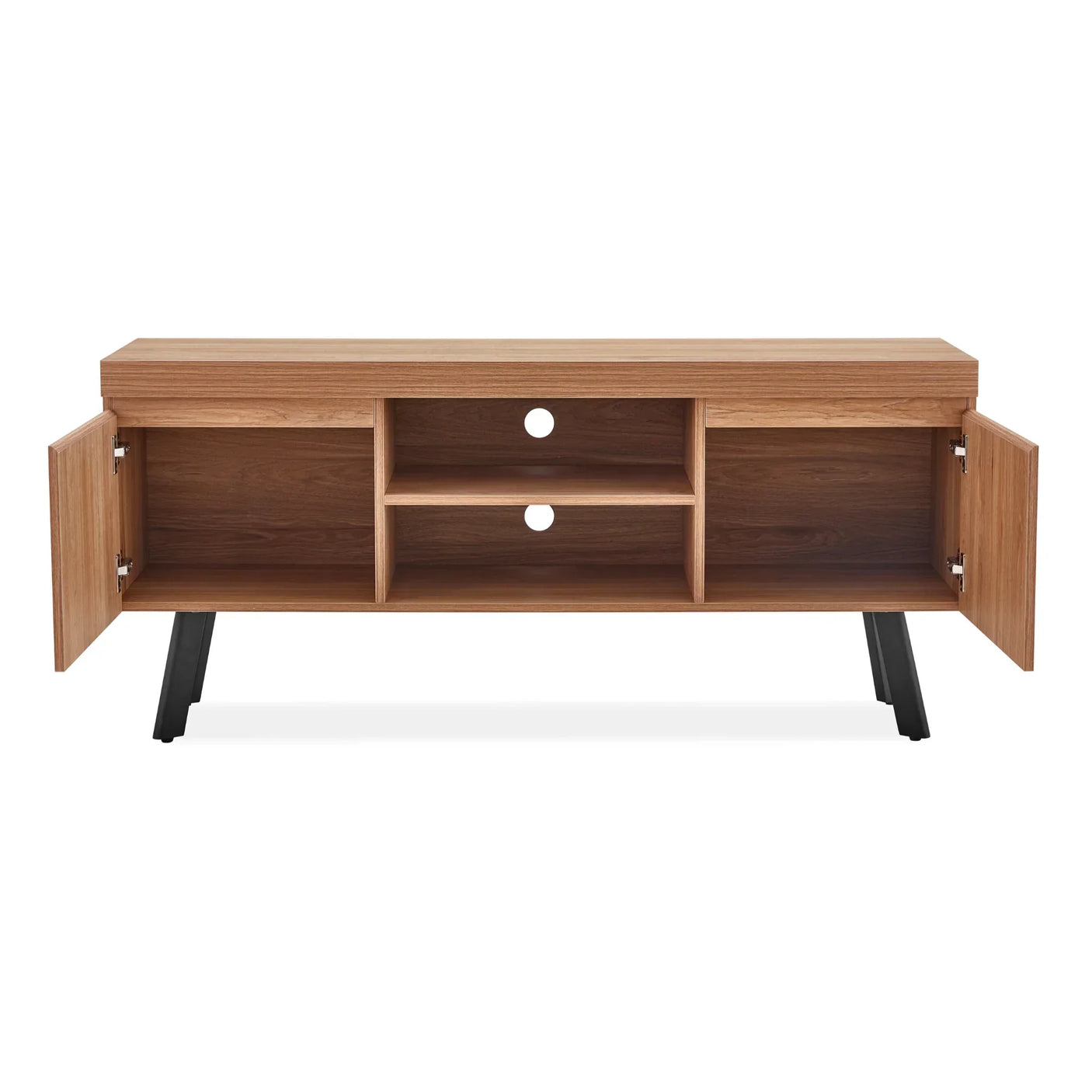 oak TV unit with open storage shelves, cable holes and two side cupboards on black legs