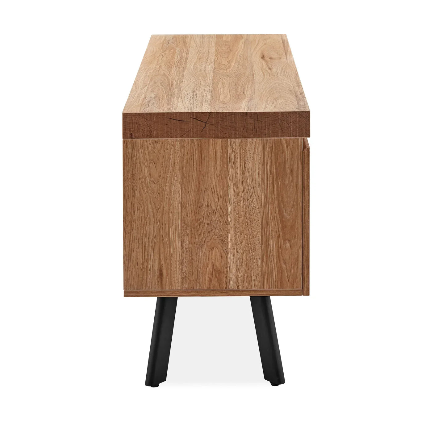 Side view of oak TV unit with black angled legs and natural wood grain finish