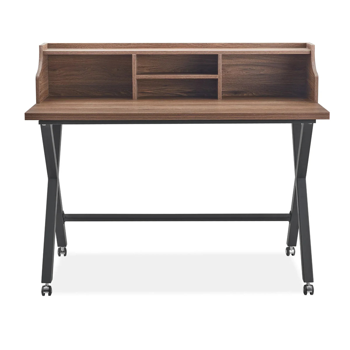 Wooden writing desk with black metal legs, upper shelf and storage compartments on castor wheels
