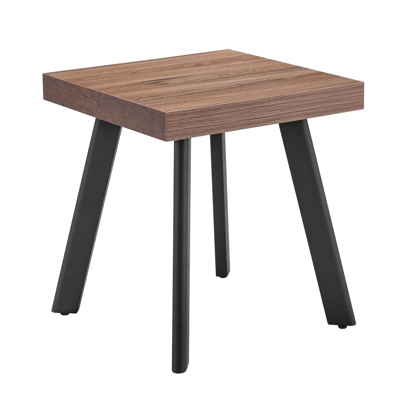 Square wooden side table with black metal legs on white background