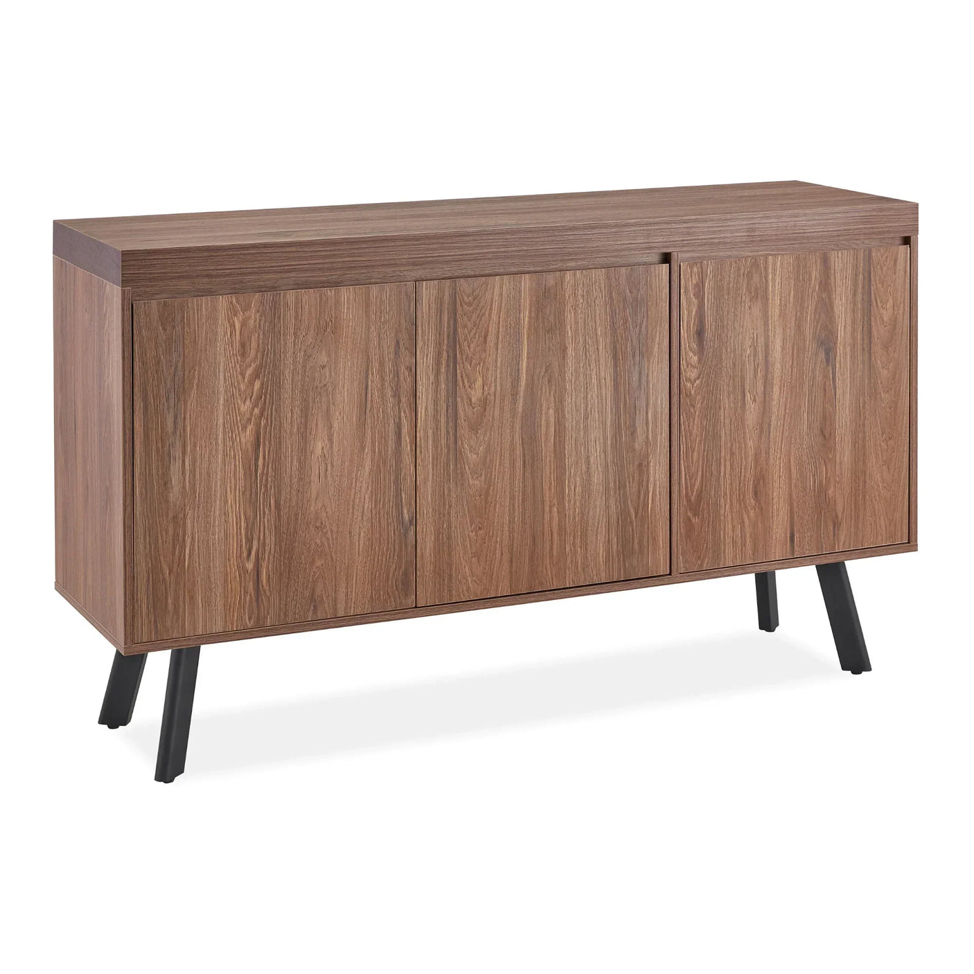 Walnut sideboard with four doors and black angled legs, modern dining room storage furniture