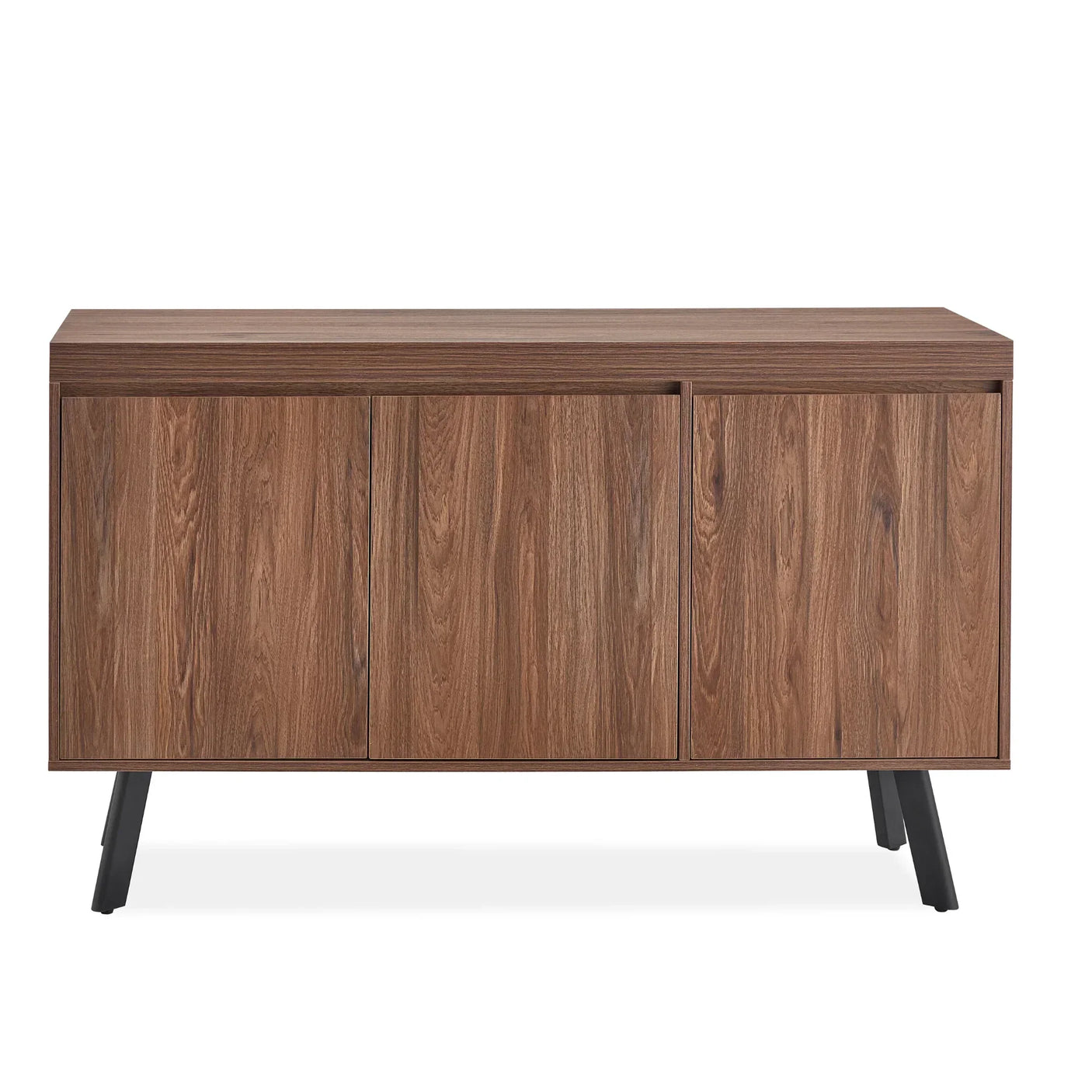 Walnut sideboard with three doors and black angled legs, front view