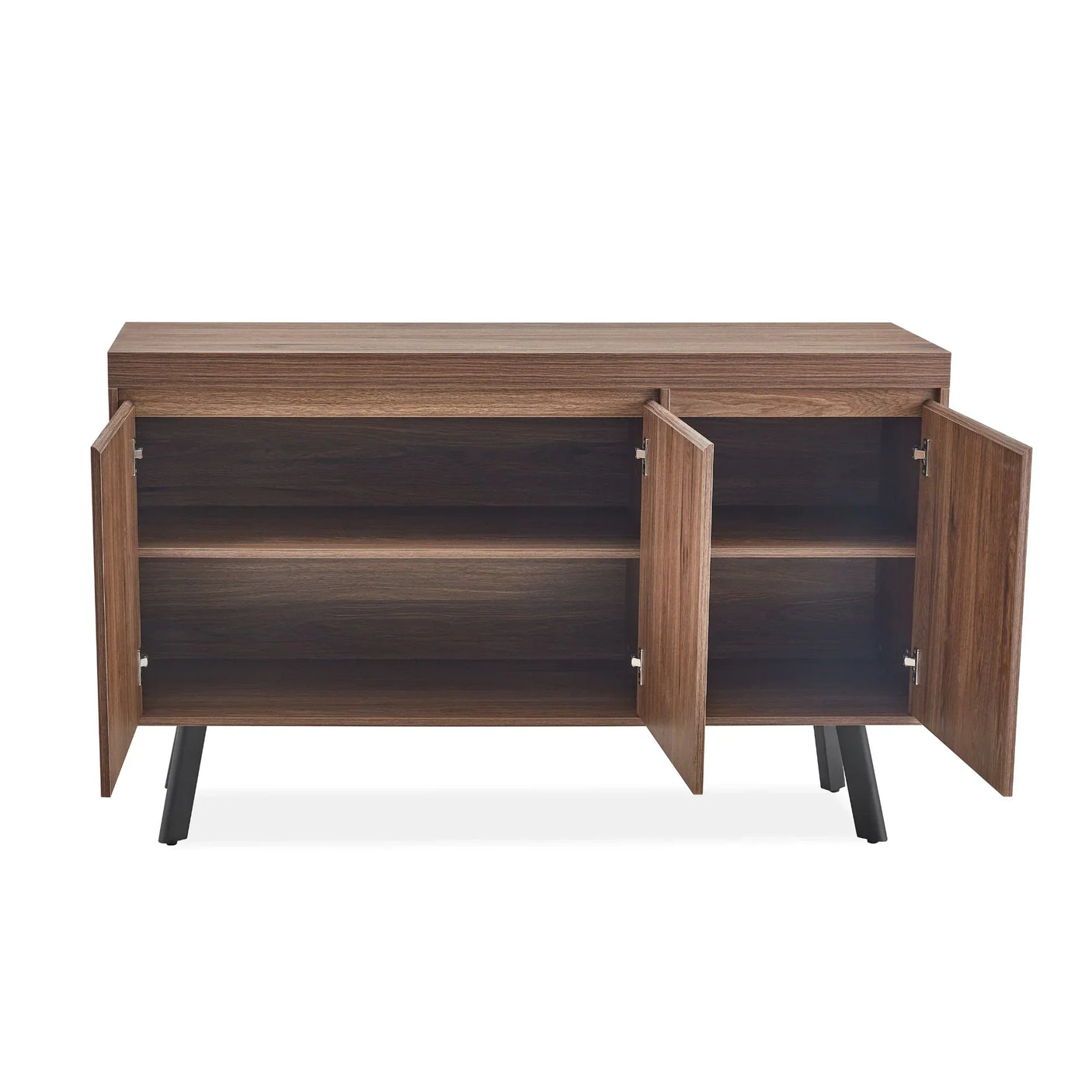 Walnut sideboard cabinet with two open doors, interior shelving, and black legs