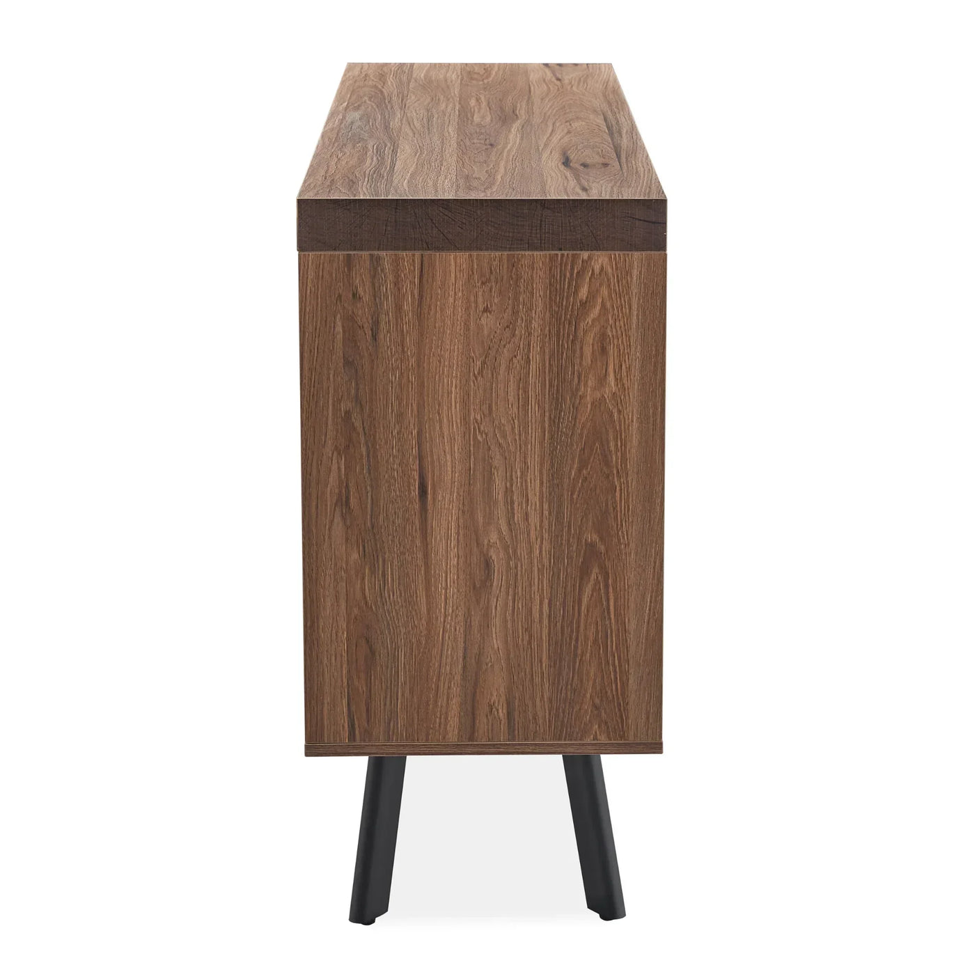 Side view of wooden sideboard with oak finish and black angled legs