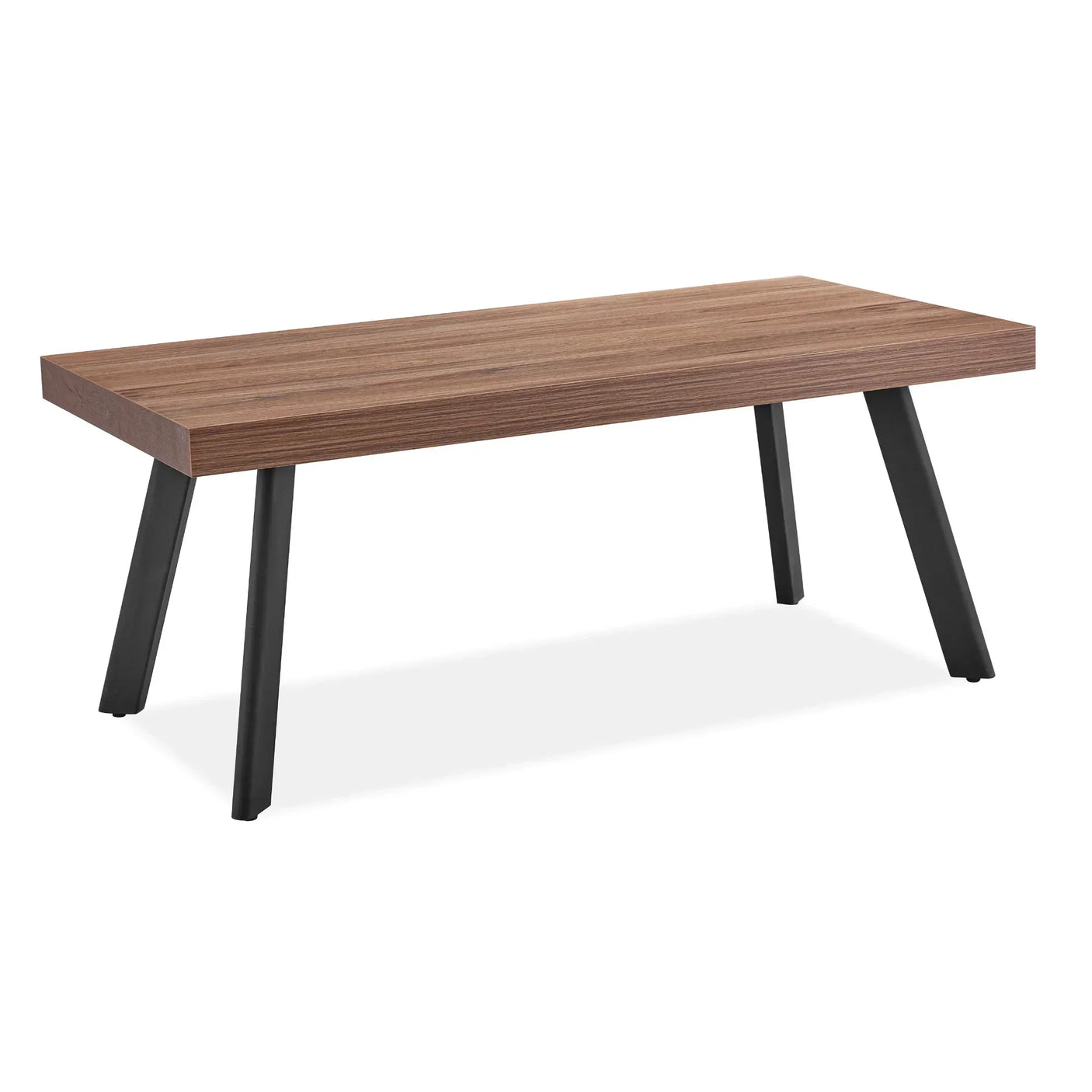 Rectangular wooden dining table with black angled metal legs on white background