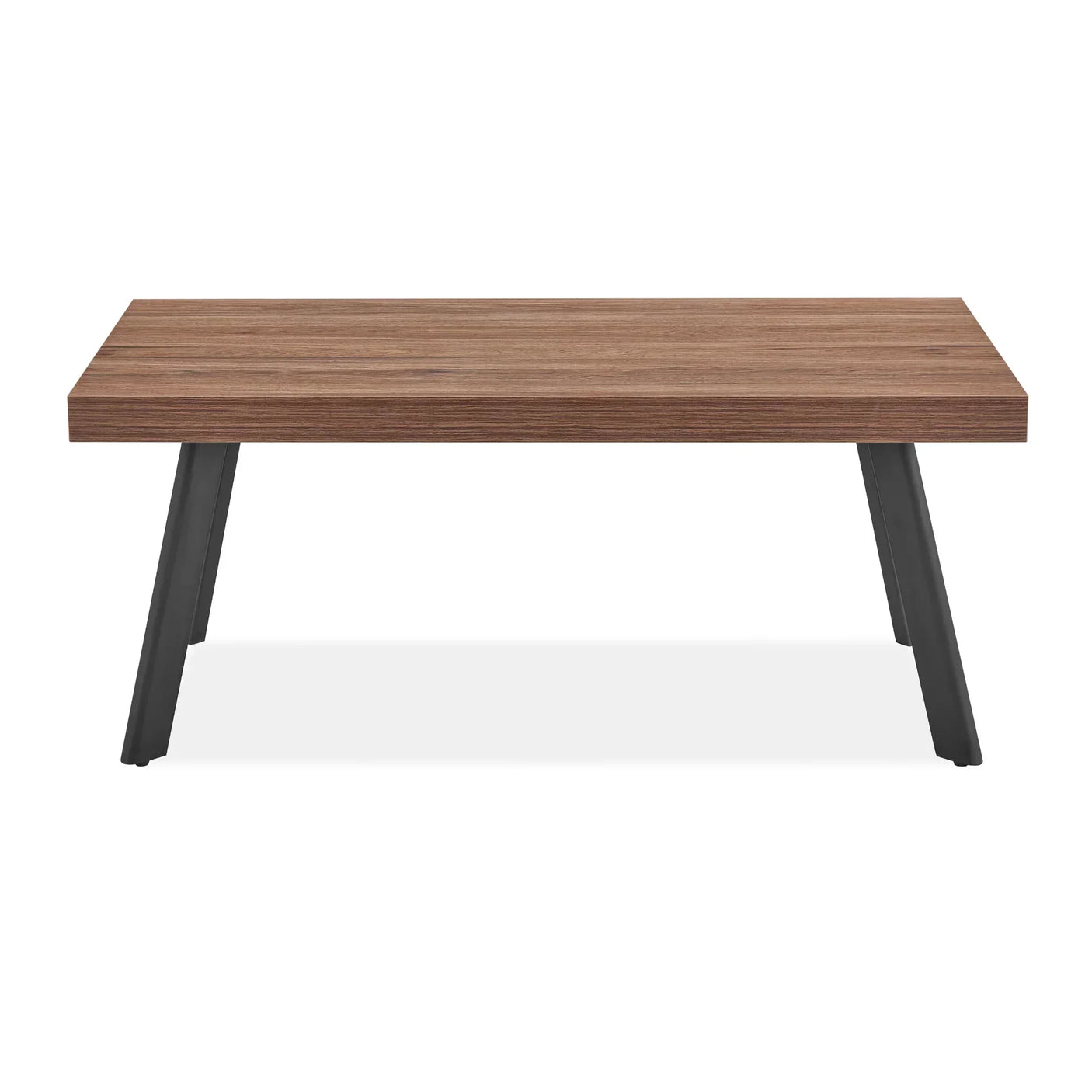 Rectangular wooden coffee table with black angled legs, front view
