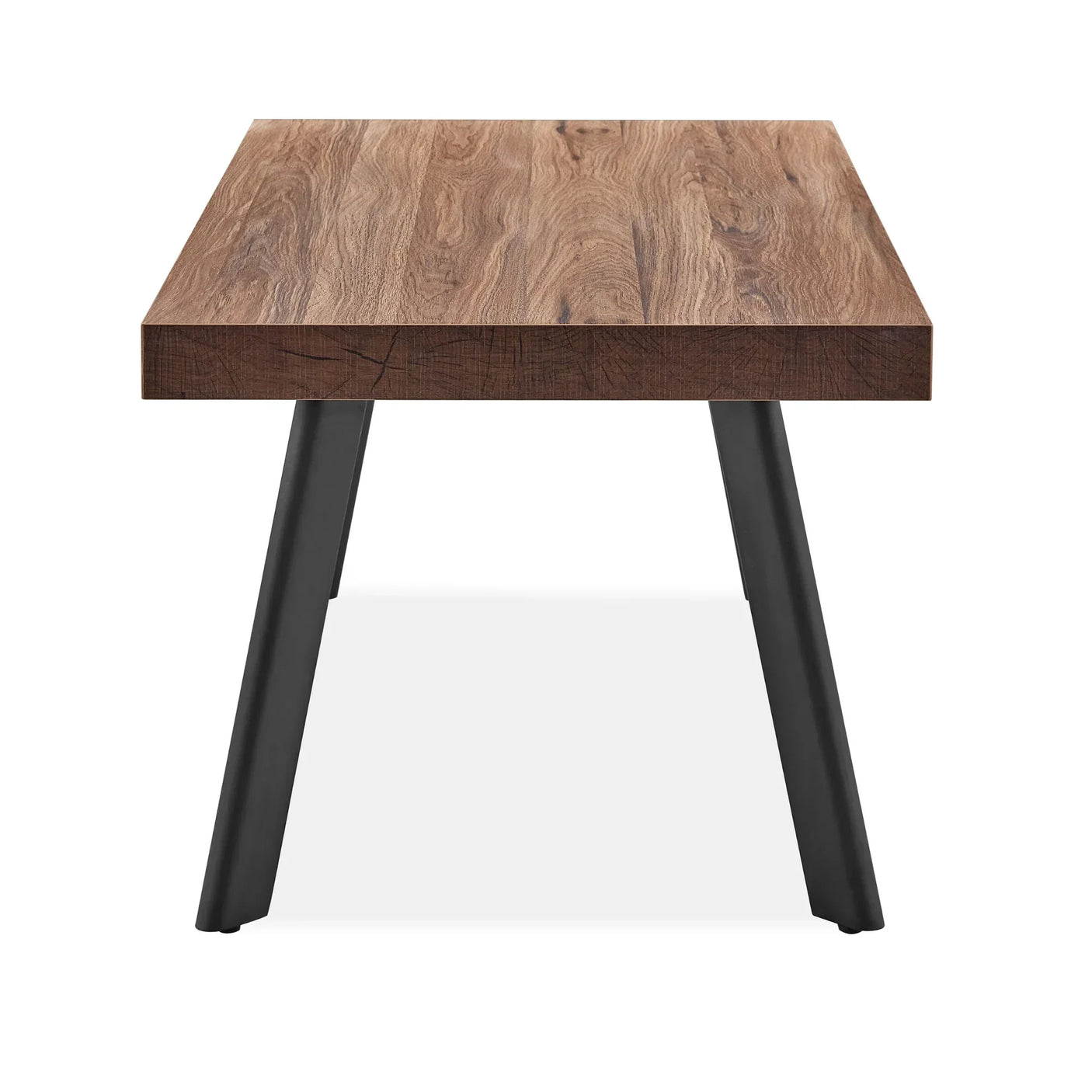 Rectangular wooden dining table with black angled metal legs, front view