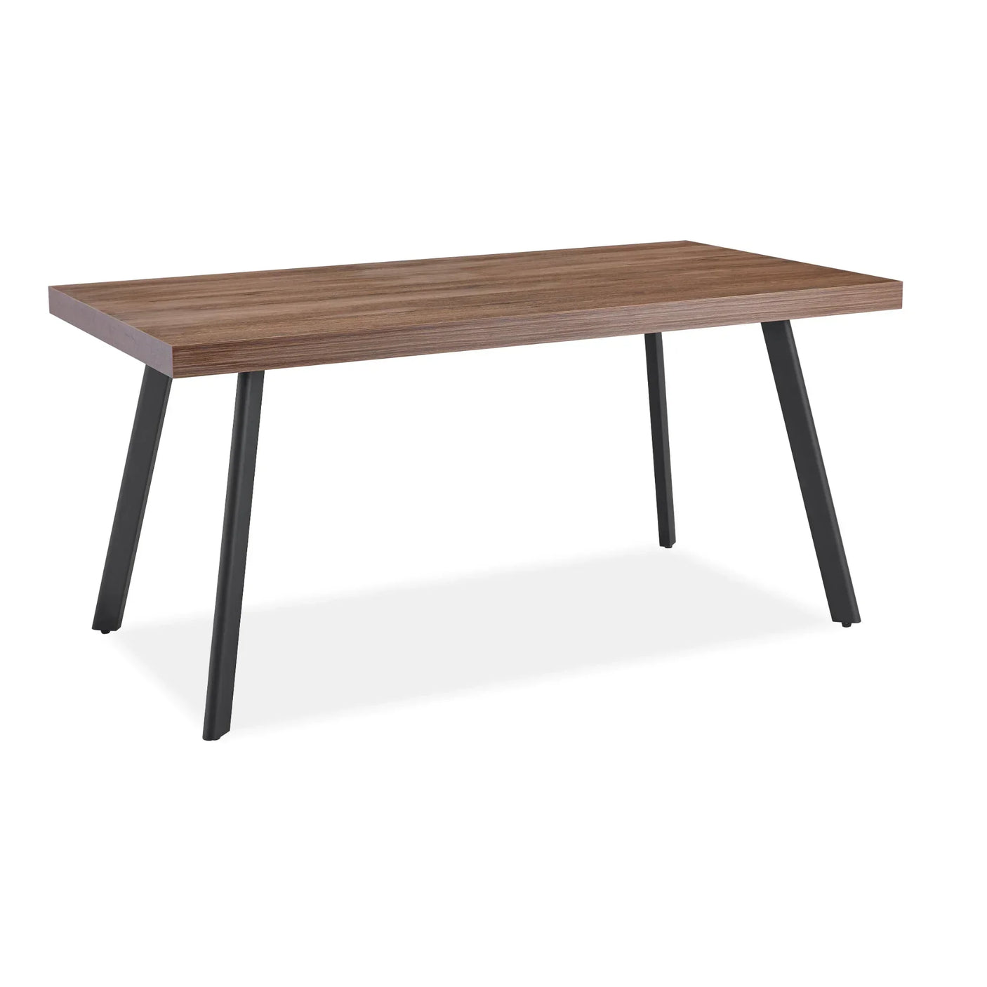 Rectangular dining table with walnut wood top and black angled metal legs on white background