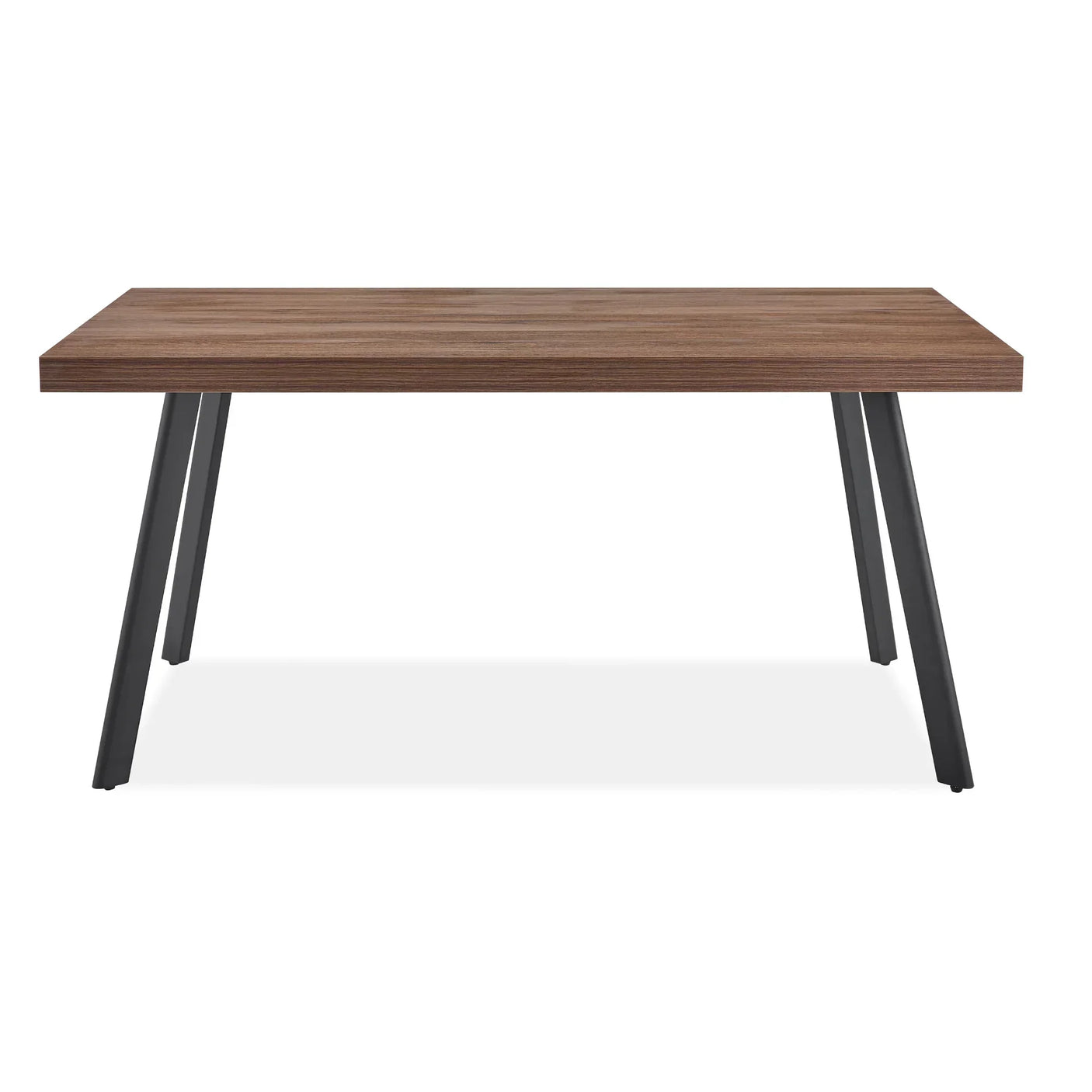 Rectangular wooden dining table with black angled metal legs, front view
