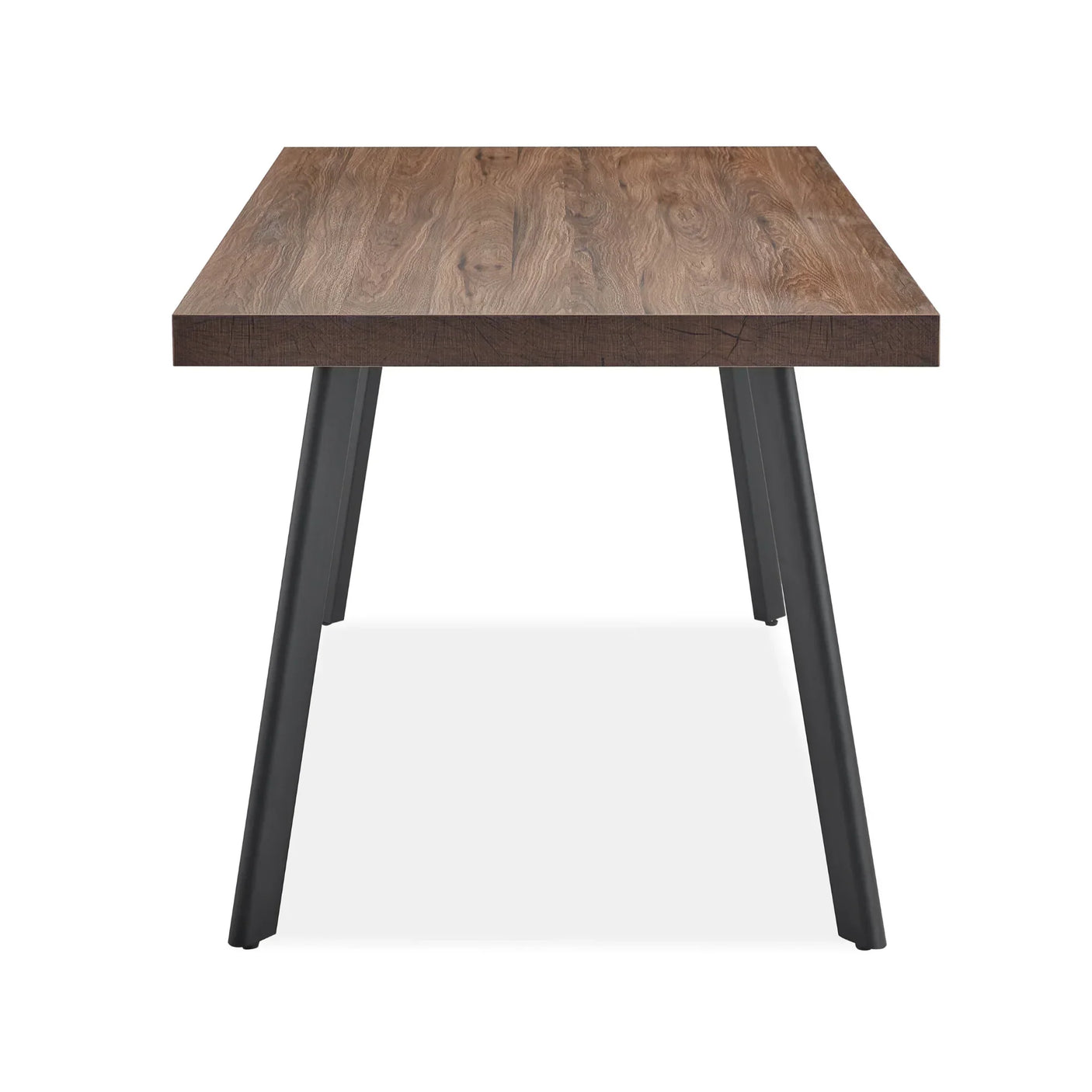 Rectangular wooden dining table with black metal legs, front angle view