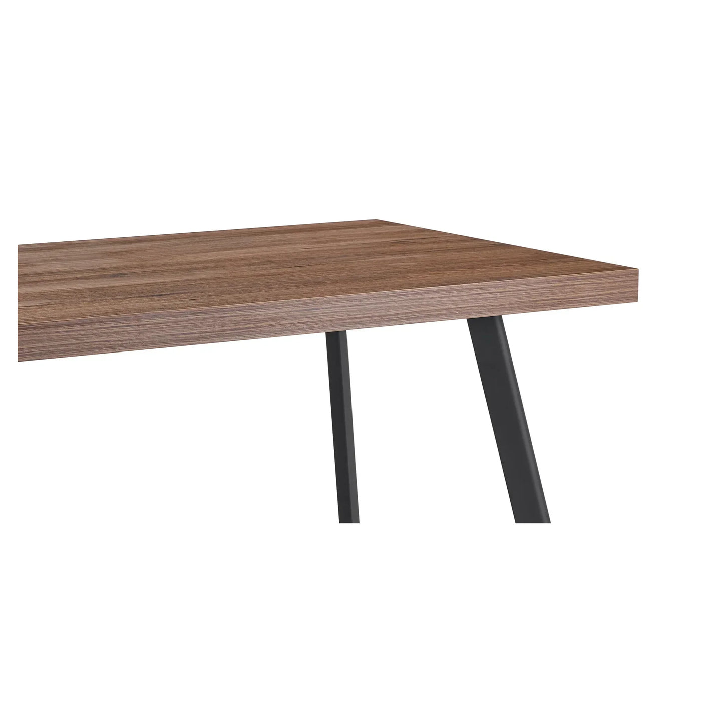 Wood dining table corner with black angled metal legs against white background